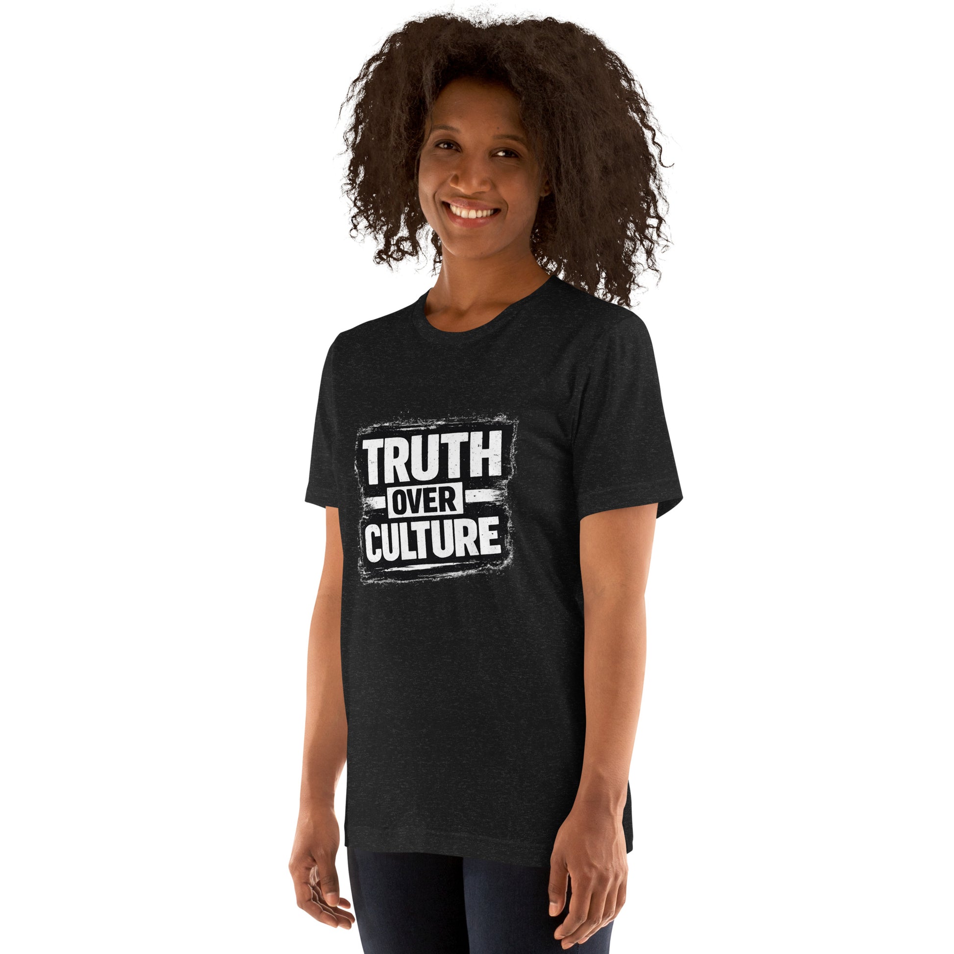 Christian Truth Over Culture graphic shirt design with bold distressed black and white typography declaring biblical truth over worldly culture.