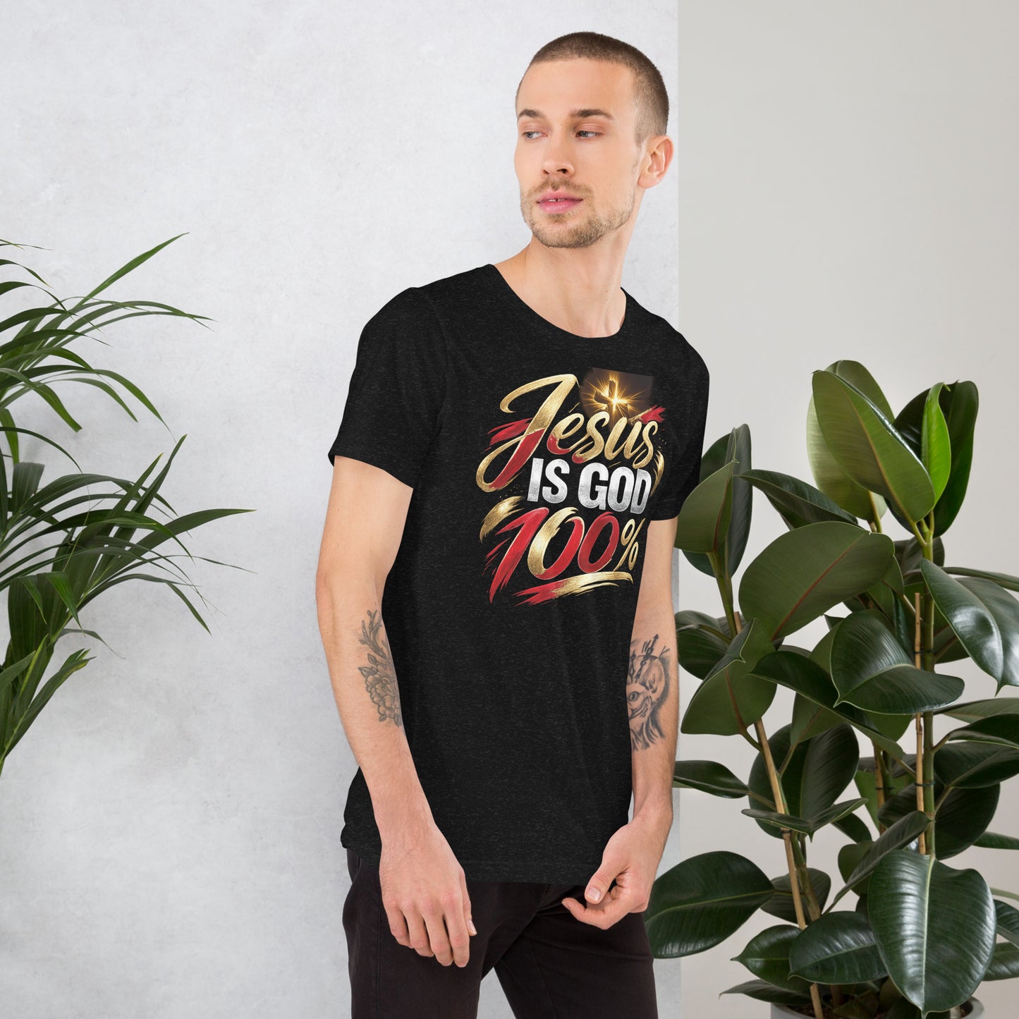 “Jesus Is God 100% Christian t-shirt design in gold red and white typography with cross light burst”