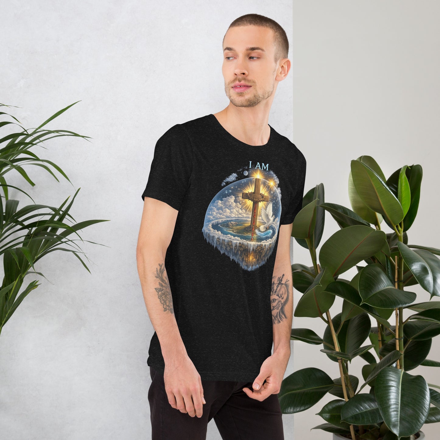 Christian black T-shirt with I AM text, glowing wooden cross, dove, clouds, and faith-inspired symbolic artwork