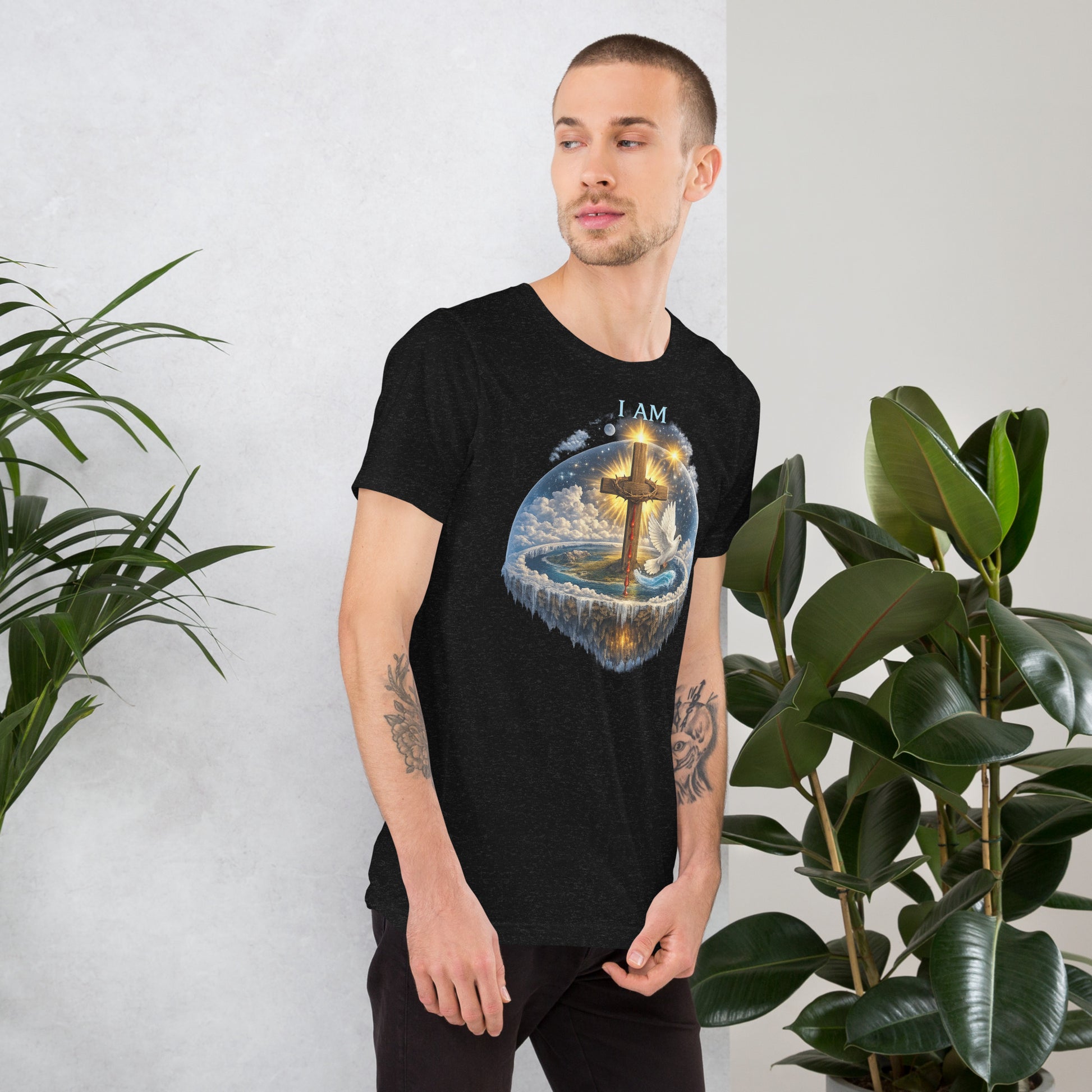Christian black T-shirt with I AM text, glowing wooden cross, dove, clouds, and faith-inspired symbolic artwork