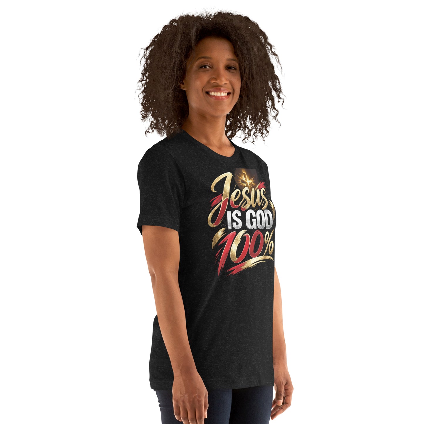 “Jesus Is God 100% Christian t-shirt design in gold red and white typography with cross light burst”