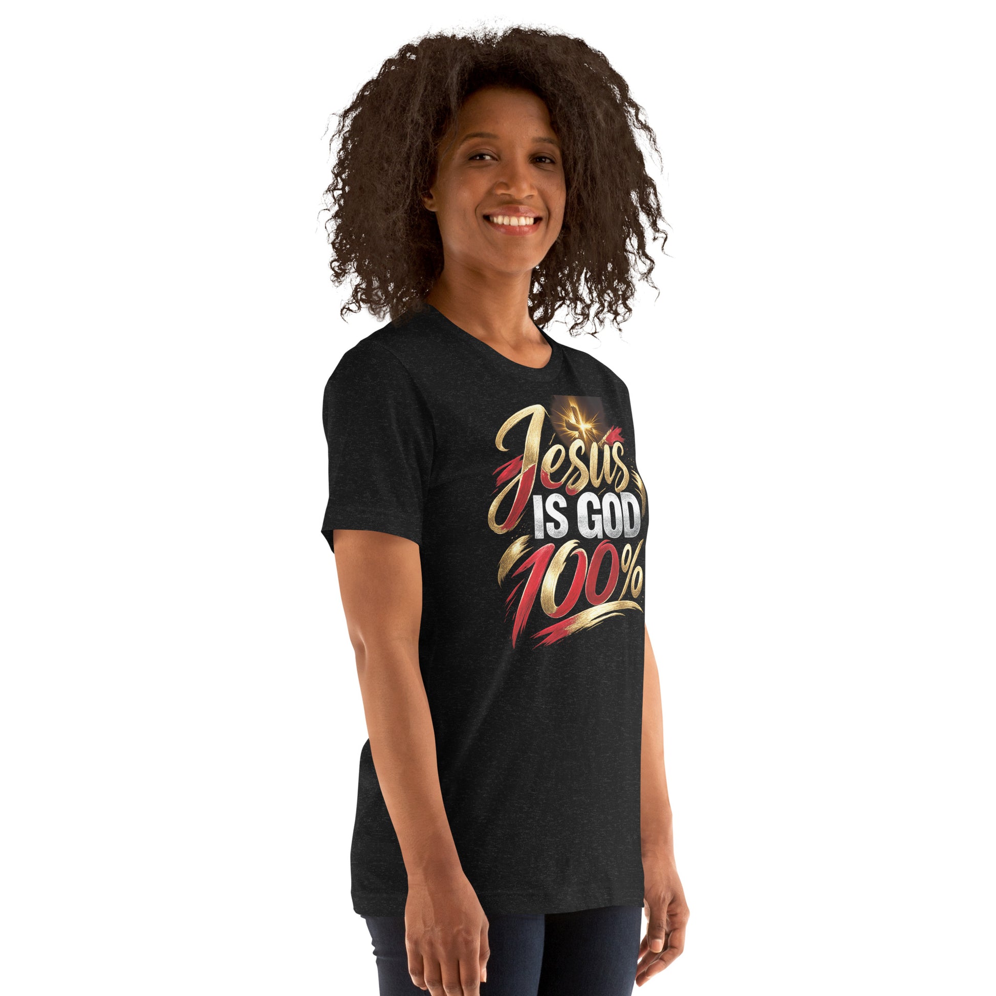 “Jesus Is God 100% Christian t-shirt design in gold red and white typography with cross light burst”