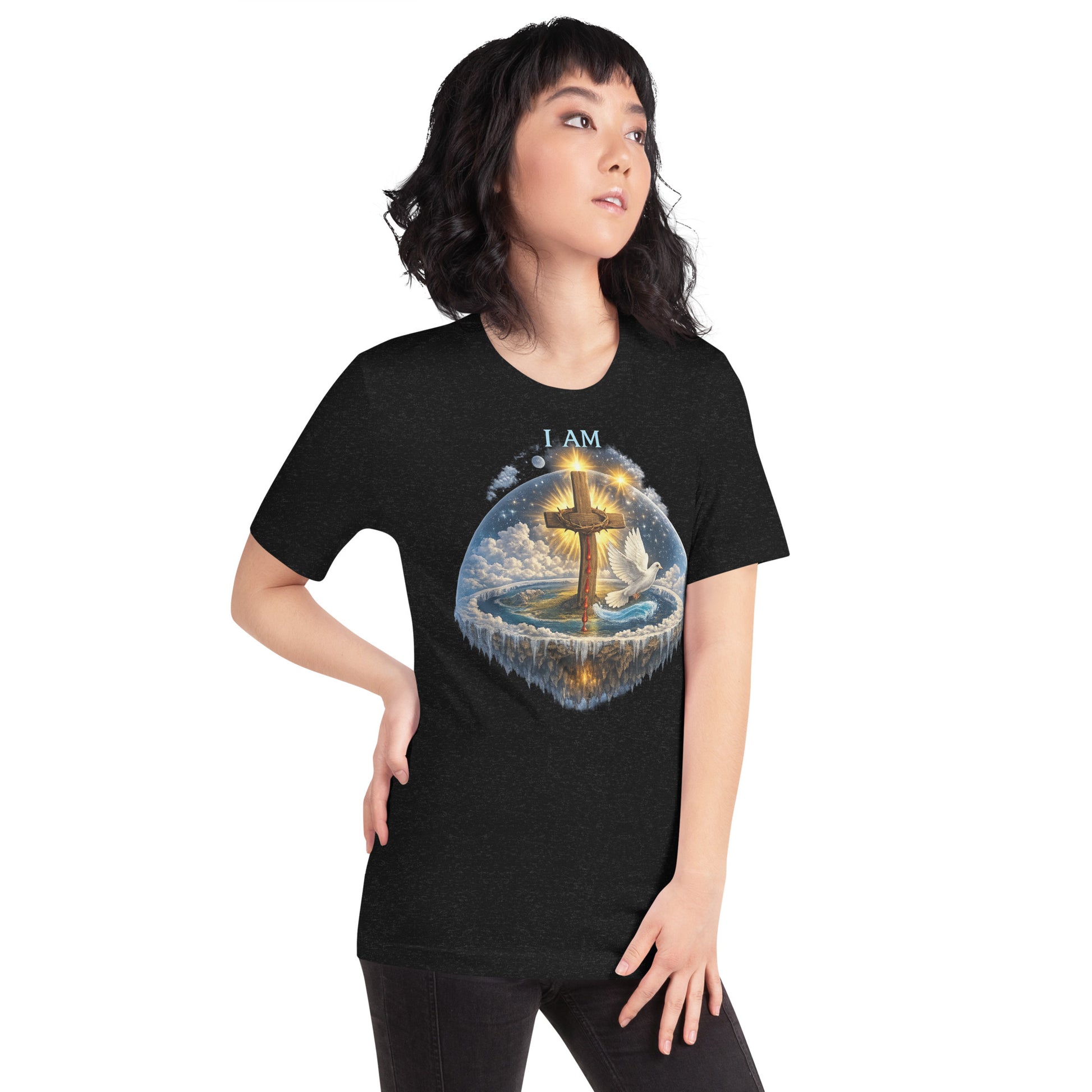 Christian black T-shirt with I AM text, glowing wooden cross, dove, clouds, and faith-inspired symbolic artwork