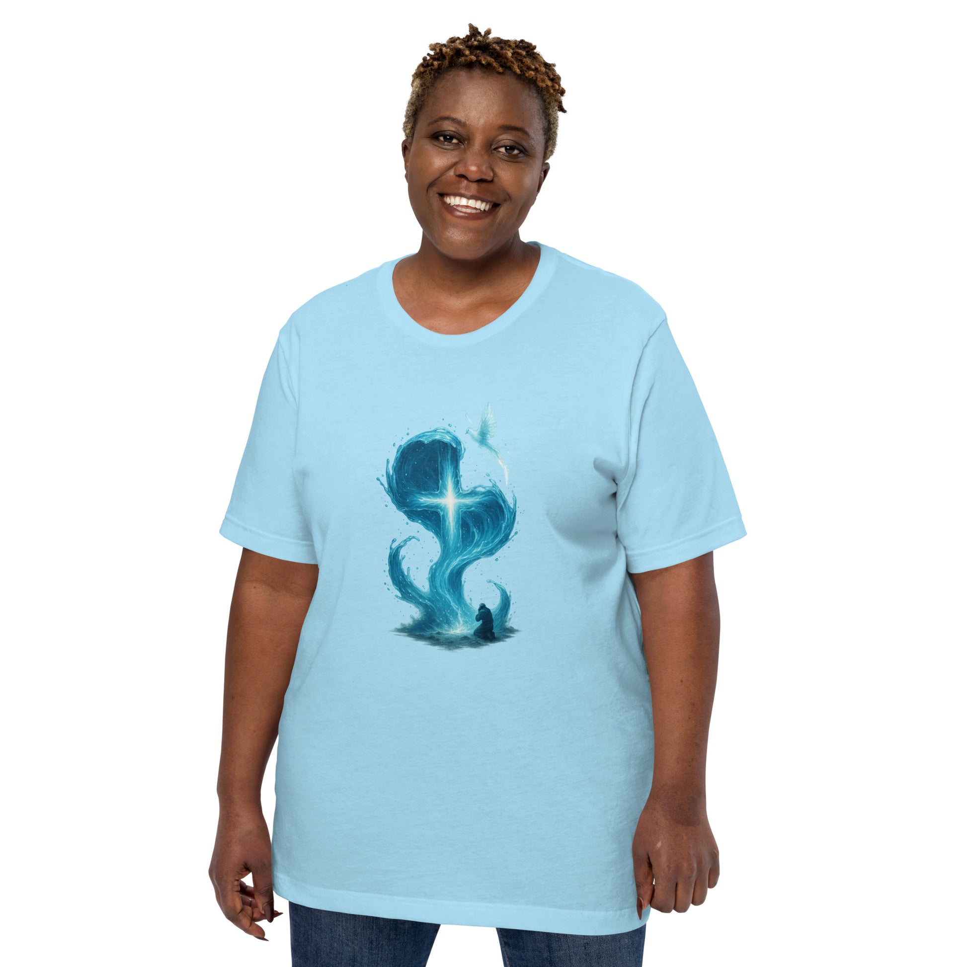 Christian t-shirt with Living Water Cross design – Scripture apparel