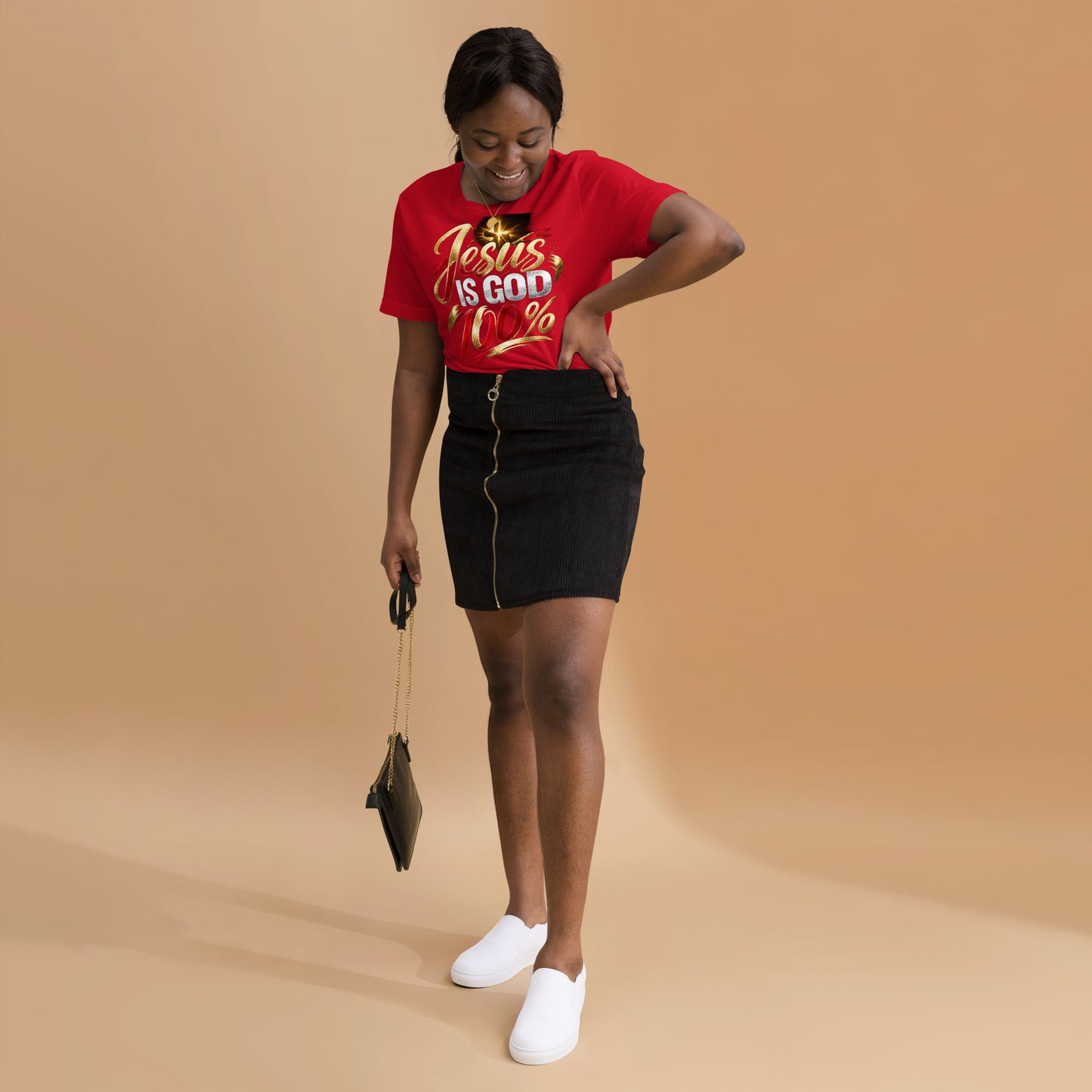 “Jesus Is God 100% Christian t-shirt design in gold red and white typography with cross light burst”