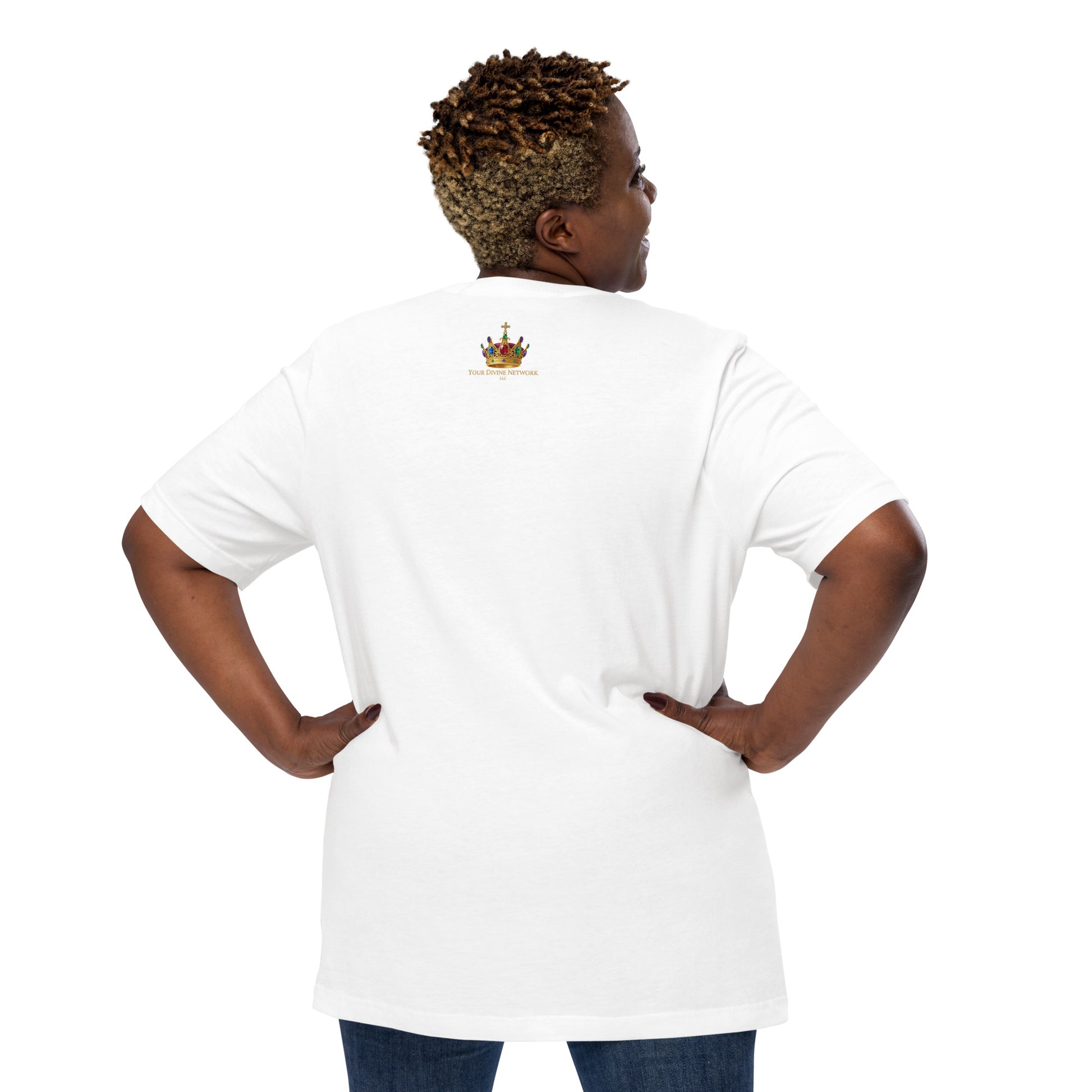 Christian white T-shirt design with the words God the Creator Jesus the Savior Holy Spirit the Sustainer featuring a wooden cross, dove, flame, grapes, and lily