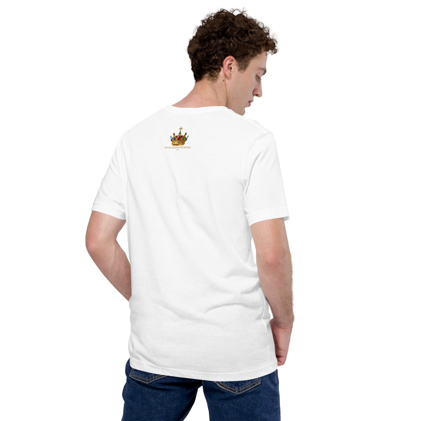 Christian T-shirt featuring I AM text, wooden cross with crown of thorns, dove, and biblical creation-inspired earth with firmament design