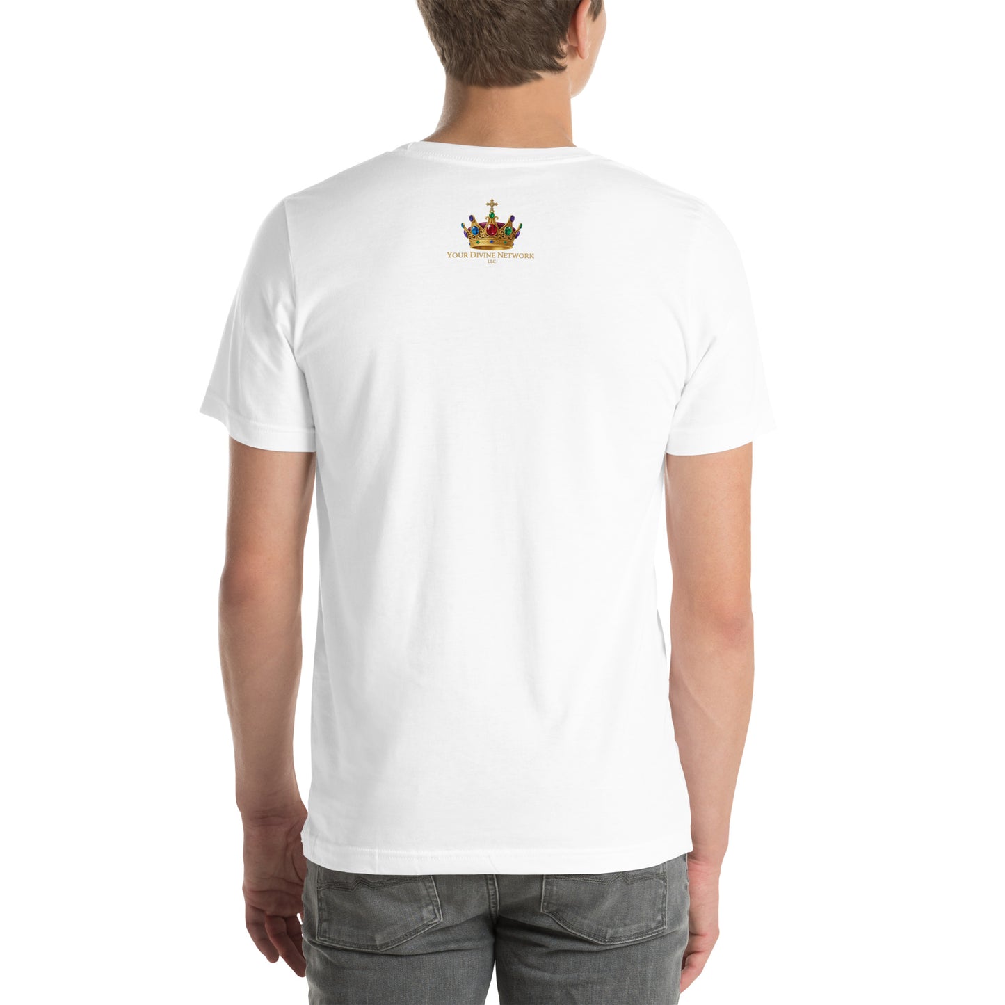 Christian T-shirt featuring I AM text, wooden cross with crown of thorns, dove, and biblical creation-inspired earth with firmament design