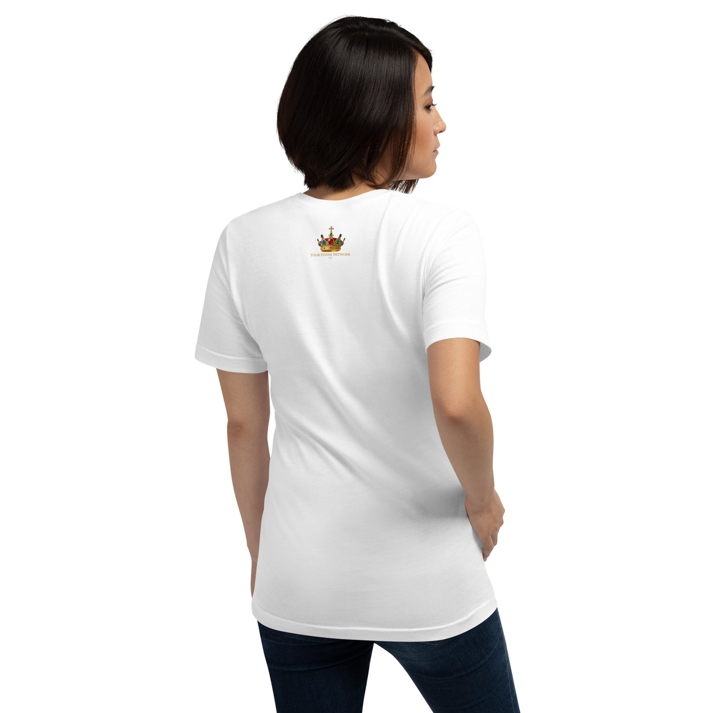 Christian t-shirt featuring a rooted tree, glowing cross, dove, and hourglass symbolizing faith, spiritual growth, and eternity in Christ.