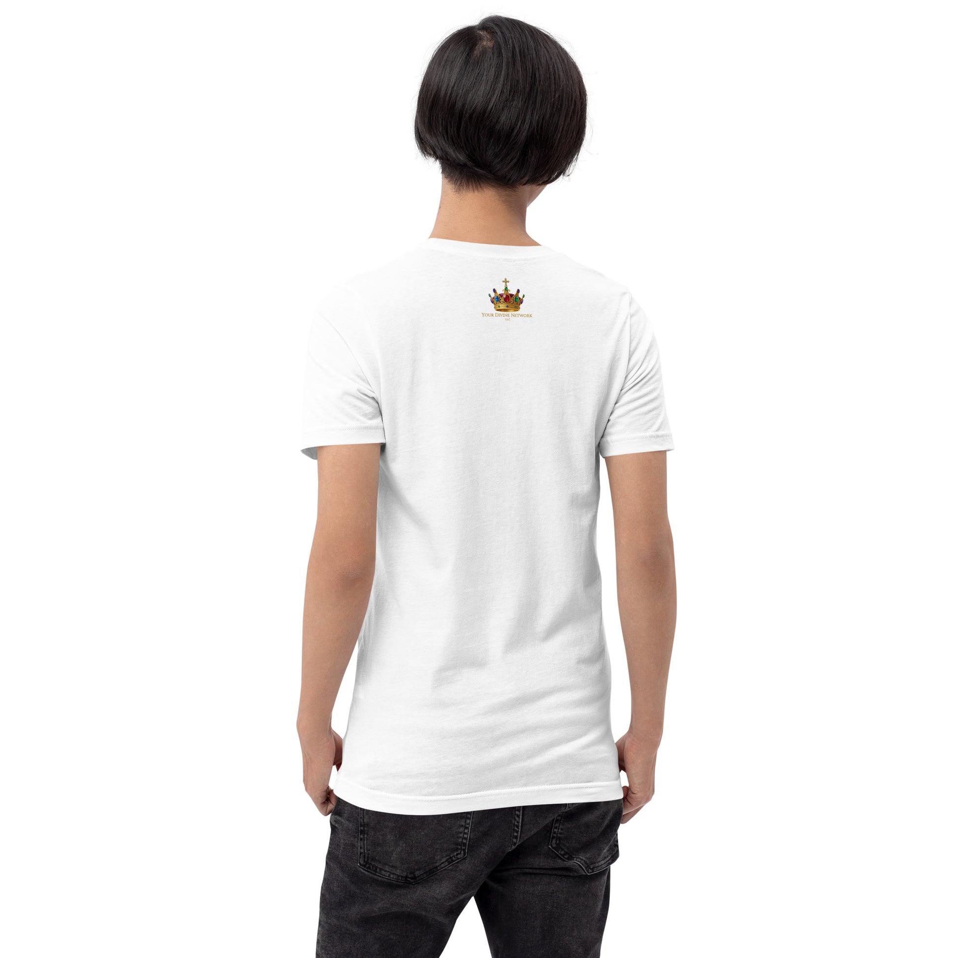 Christian t-shirt featuring a rooted tree, glowing cross, dove, and hourglass symbolizing faith, spiritual growth, and eternity in Christ.
