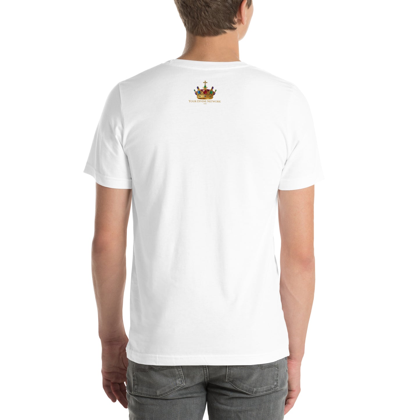 Christian t-shirt featuring a rooted tree, glowing cross, dove, and hourglass symbolizing faith, spiritual growth, and eternity in Christ.