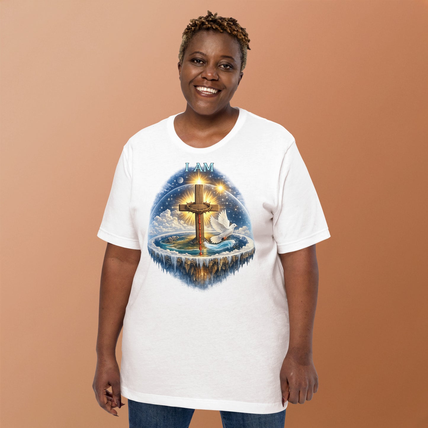 Christian T-shirt featuring I AM text, wooden cross with crown of thorns, dove, and biblical creation-inspired earth with firmament design