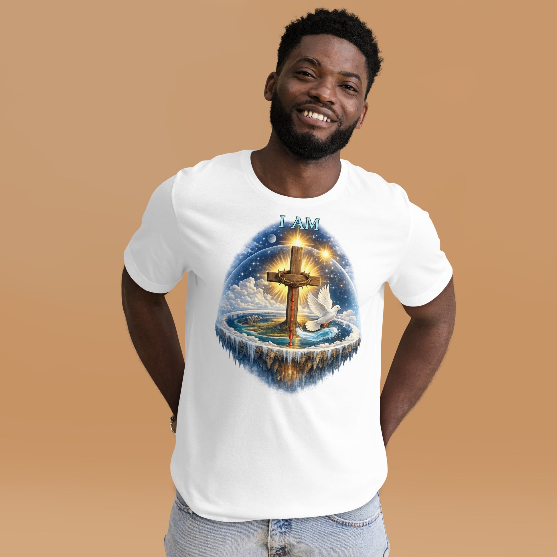 Christian T-shirt featuring I AM text, wooden cross with crown of thorns, dove, and biblical creation-inspired earth with firmament design