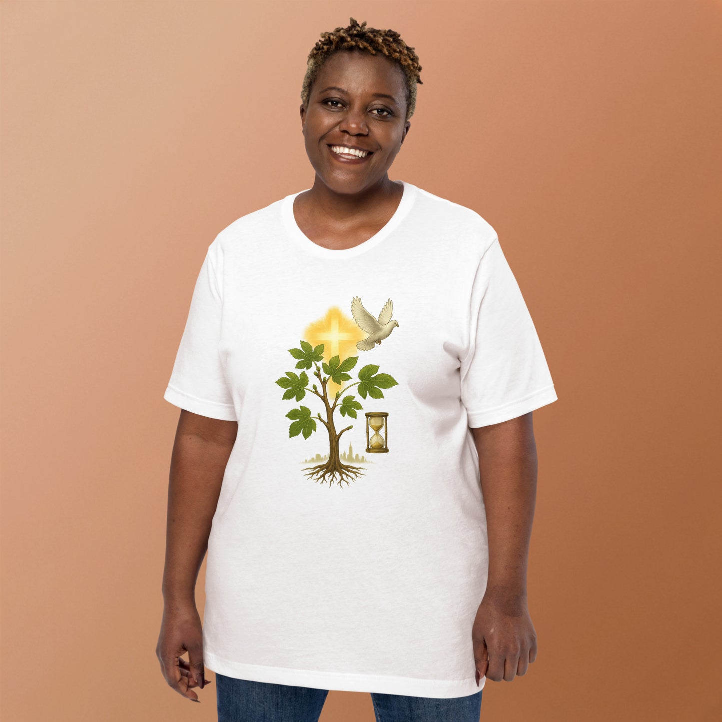 Christian t-shirt featuring a rooted tree, glowing cross, dove, and hourglass symbolizing faith, spiritual growth, and eternity in Christ.