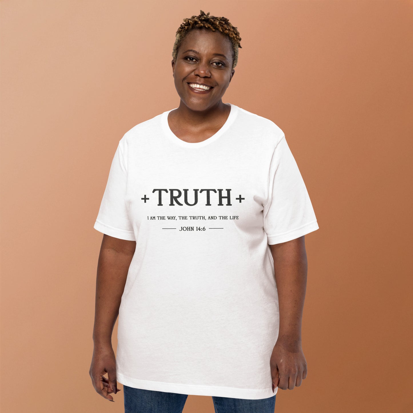 Minimalist white Bella Canvas Christian t-shirt featuring the word “Truth” in elegant black typography with subtle faith-inspired design details.