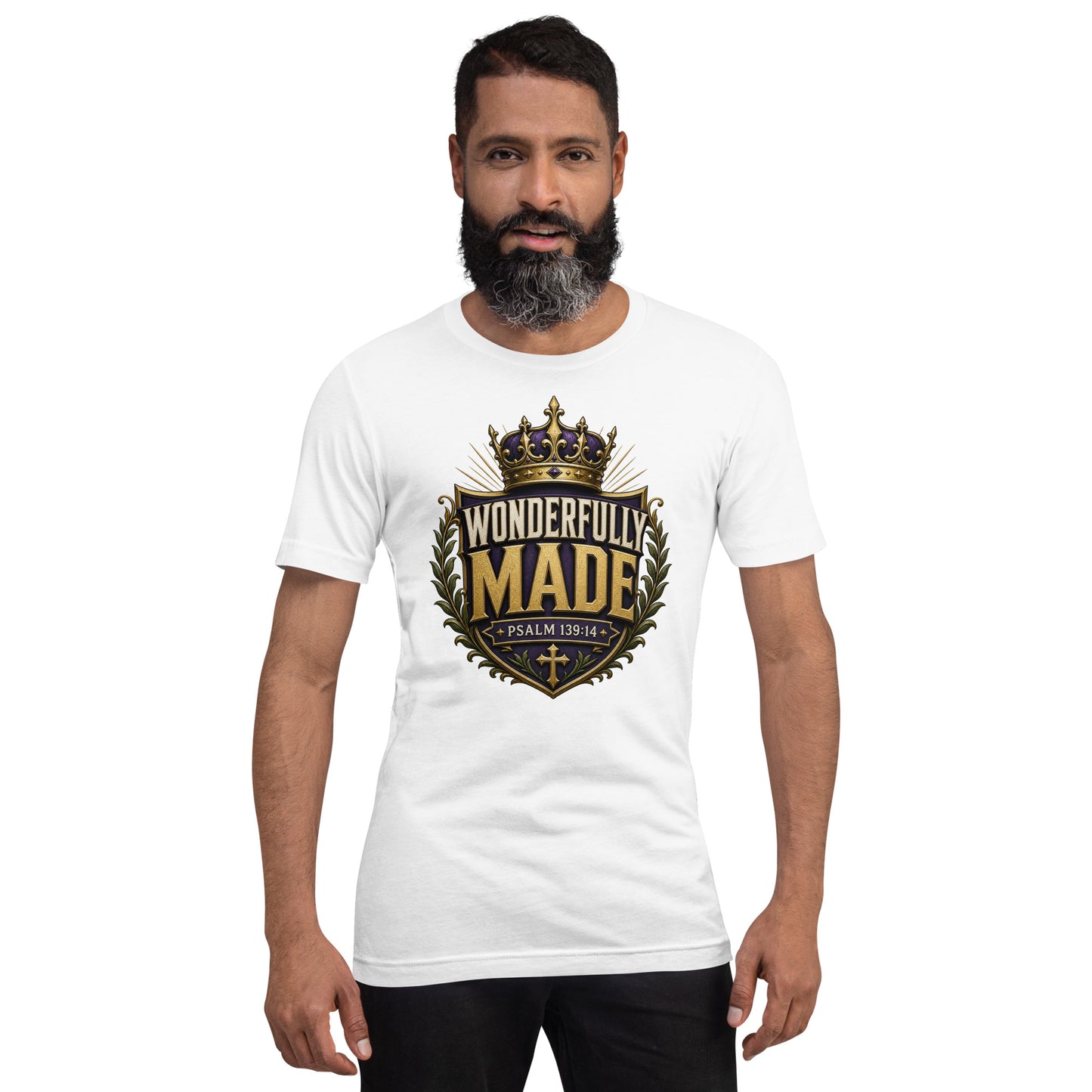 Wonderfully Made Psalm 139:14 men's Christian t-shirt in with royal crown and shield design — faith-based apparel for men of God