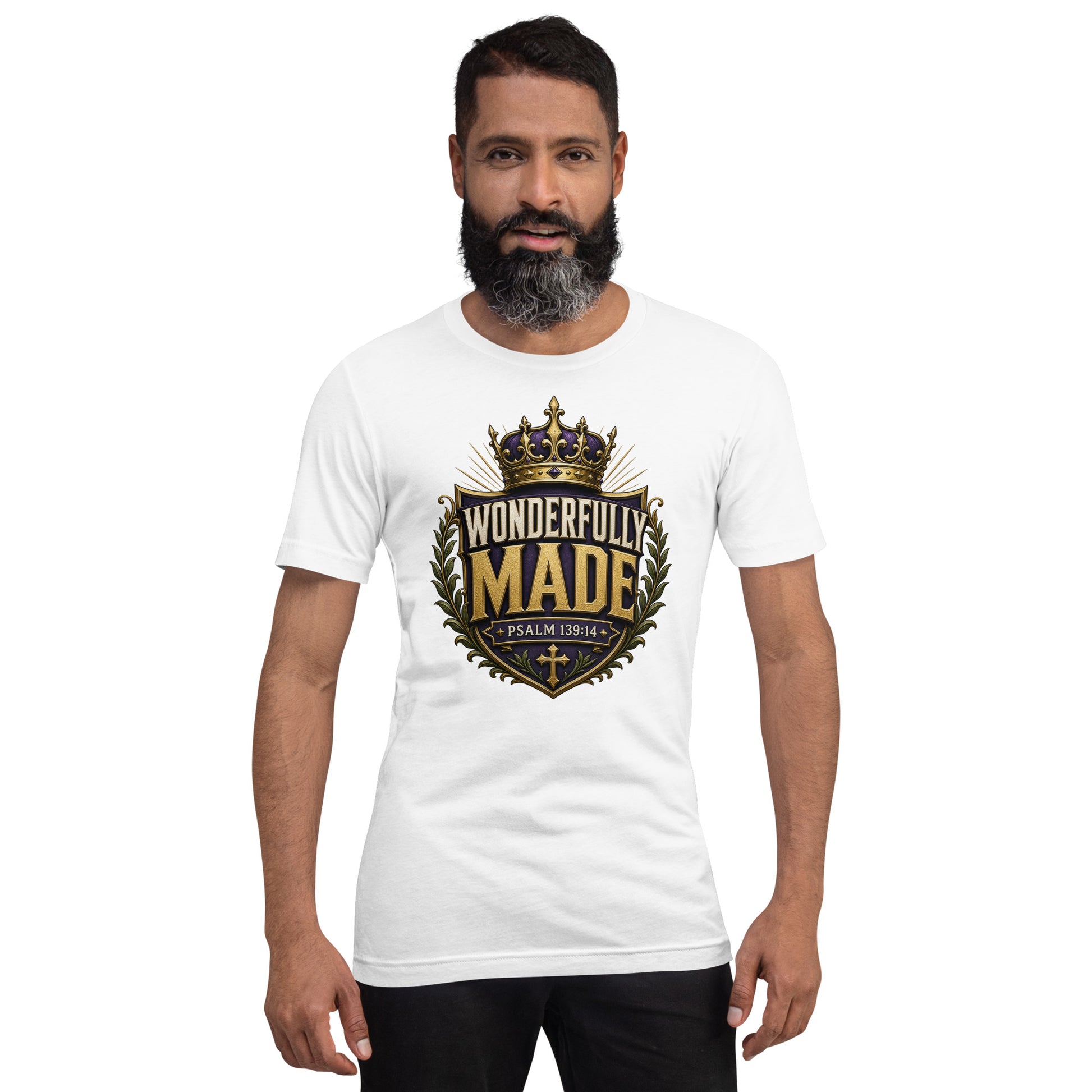 Wonderfully Made Psalm 139:14 men's Christian t-shirt in with royal crown and shield design — faith-based apparel for men of God