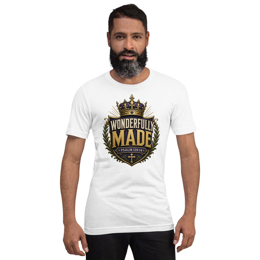 Wonderfully Made Psalm 139:14 men's Christian t-shirt in with royal crown and shield design — faith-based apparel for men of God