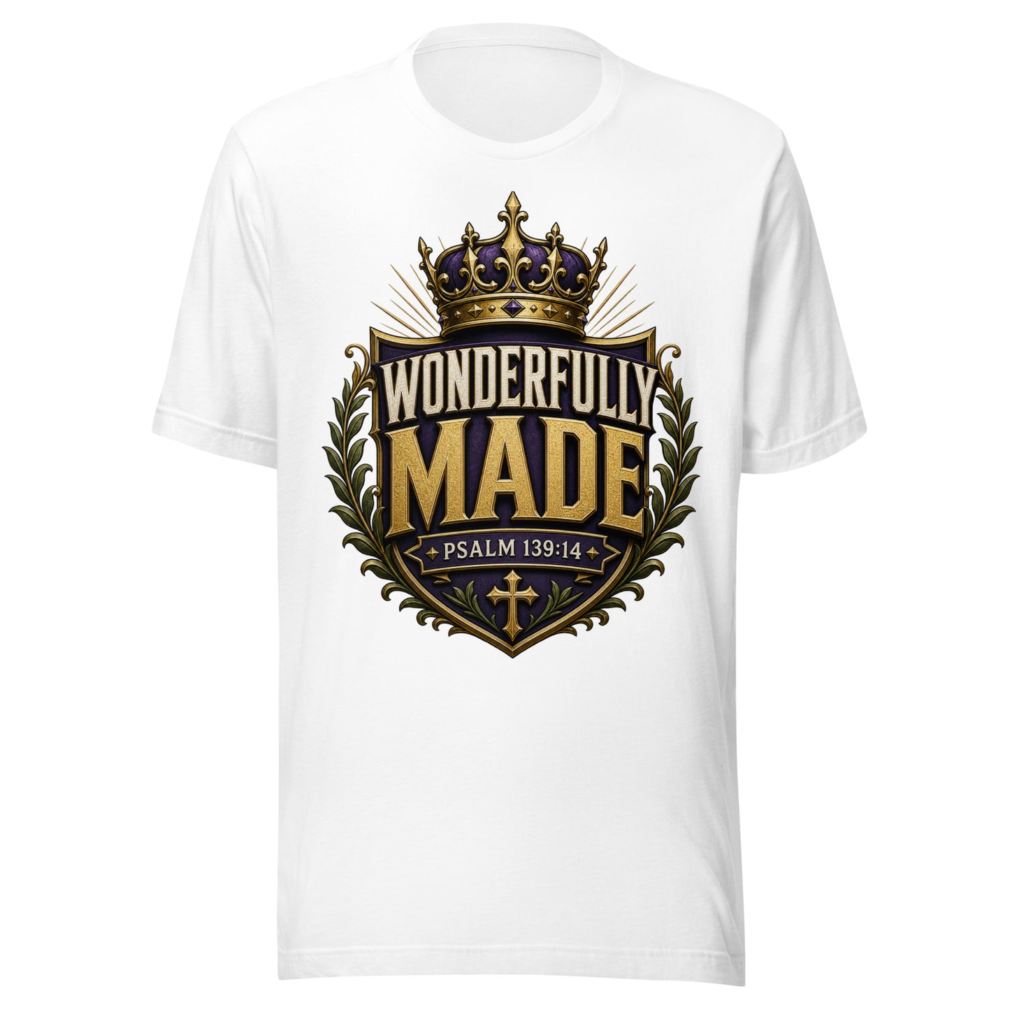 Wonderfully Made Psalm 139:14 men's Christian t-shirt in with royal crown and shield design — faith-based apparel for men of God