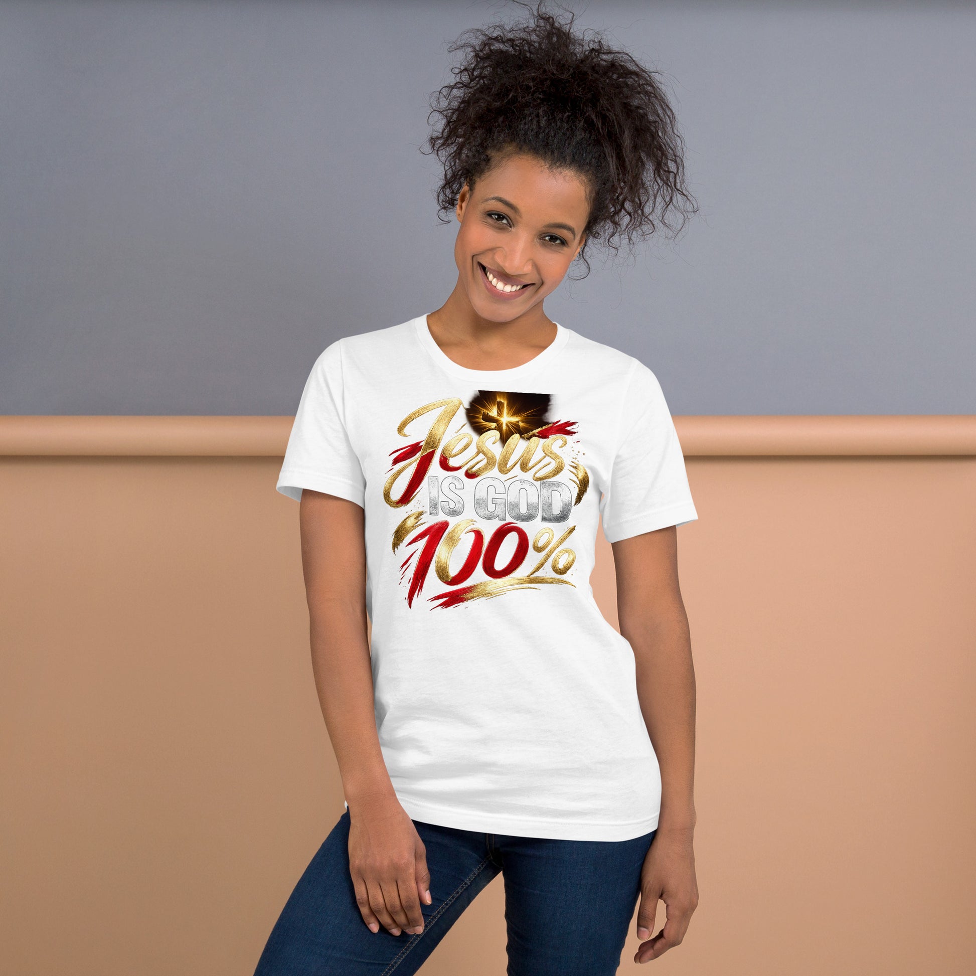 “Jesus Is God 100% Christian t-shirt design in gold red and white typography with cross light burst”