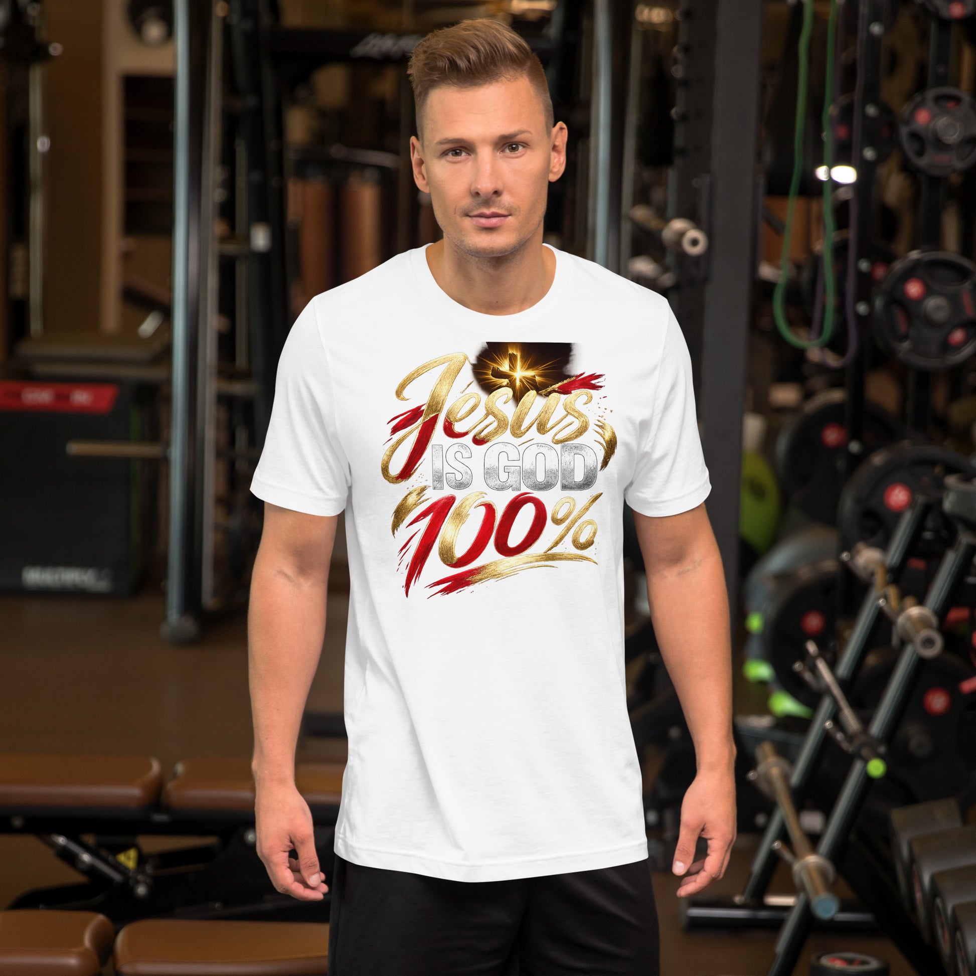 “Jesus Is God 100% Christian t-shirt design in gold red and white typography with cross light burst”