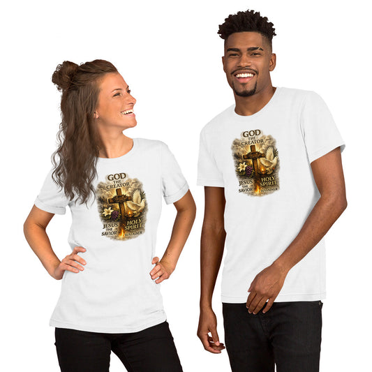 Christian white T-shirt design with the words God the Creator Jesus the Savior Holy Spirit the Sustainer featuring a wooden cross, dove, flame, grapes, and lily