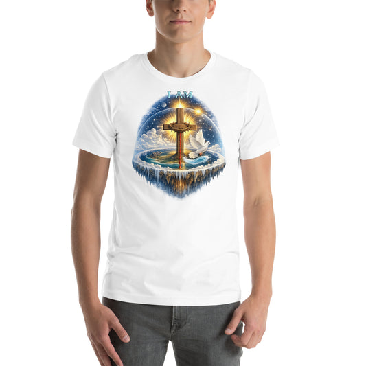 Christian T-shirt featuring I AM text, wooden cross with crown of thorns, dove, and biblical creation-inspired earth with firmament design