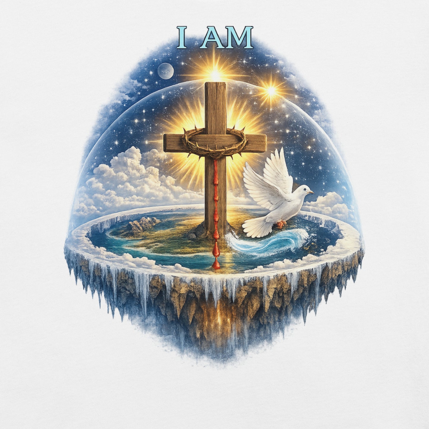 Christian T-shirt featuring I AM text, wooden cross with crown of thorns, dove, and biblical creation-inspired earth with firmament design