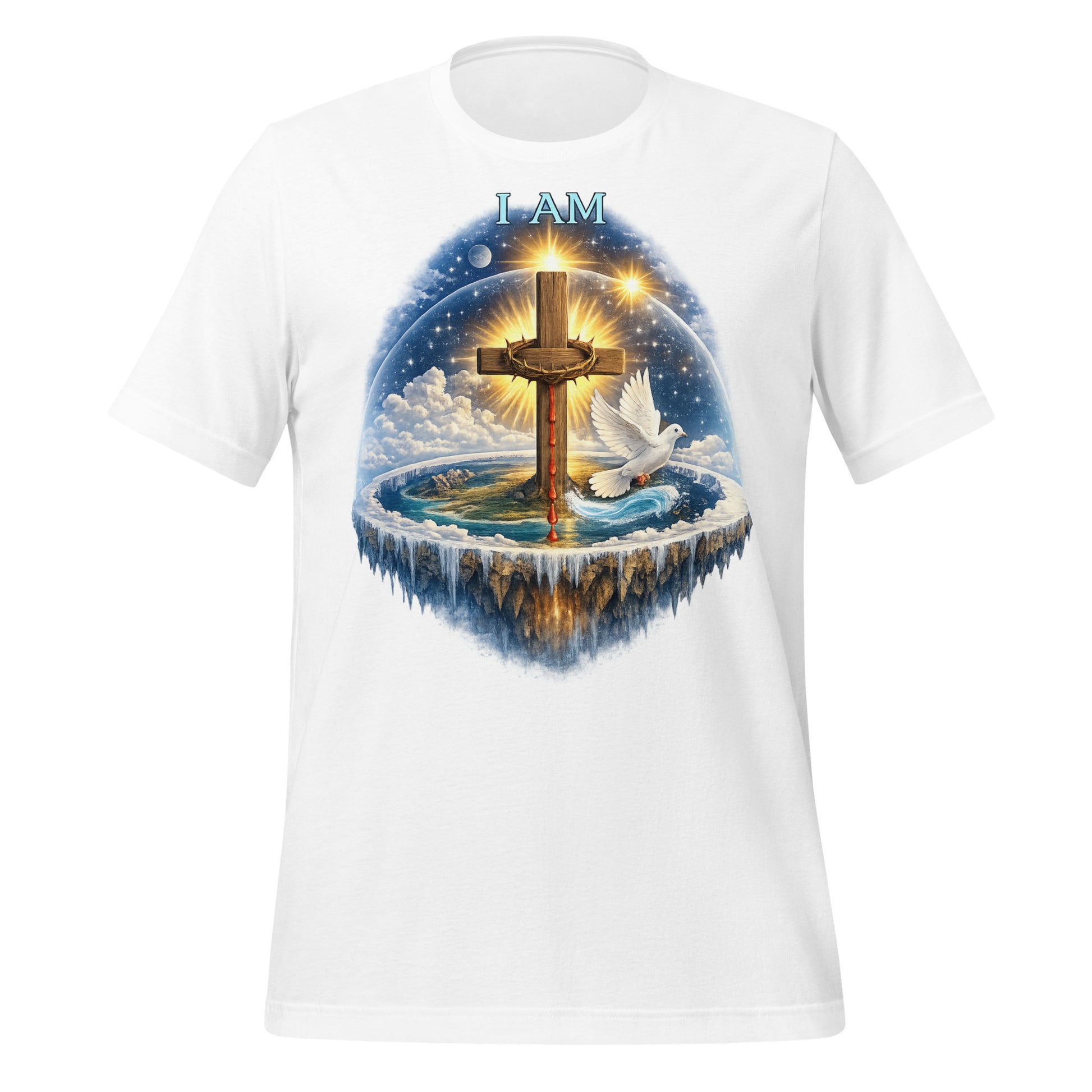 Christian T-shirt featuring I AM text, wooden cross with crown of thorns, dove, and biblical creation-inspired earth with firmament design