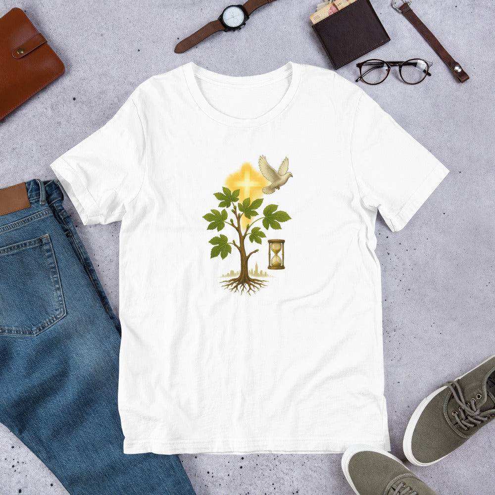 Christian t-shirt featuring a rooted tree, glowing cross, dove, and hourglass symbolizing faith, spiritual growth, and eternity in Christ.