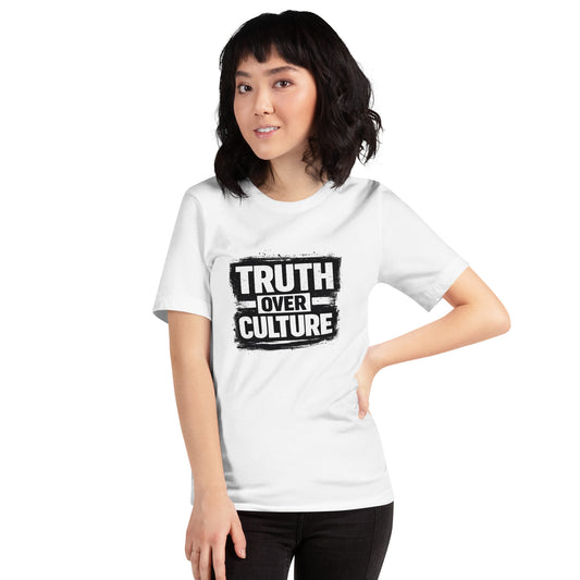 Christian Truth Over Culture graphic shirt design with bold distressed black and white typography declaring biblical truth over worldly culture.