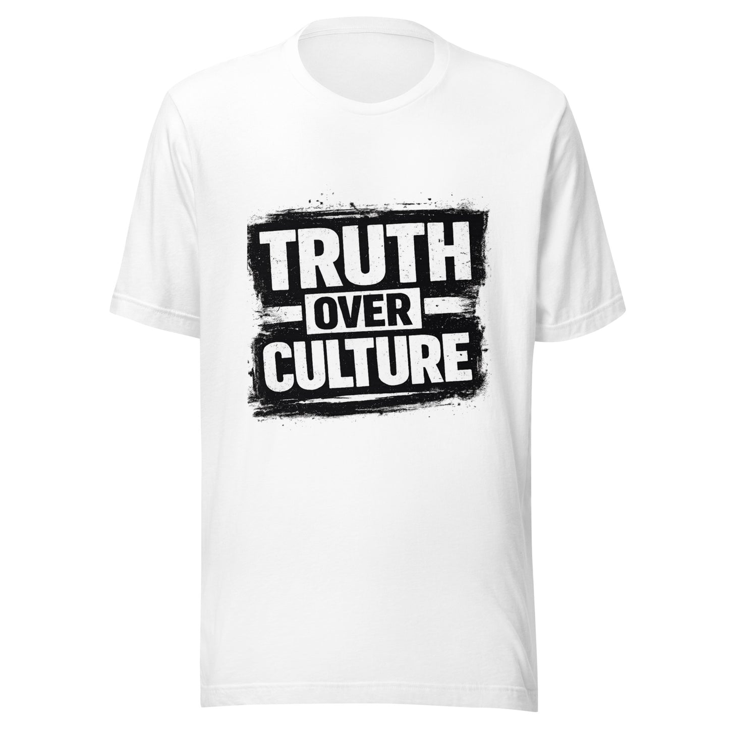 Christian Truth Over Culture graphic shirt design with bold distressed black and white typography declaring biblical truth over worldly culture.