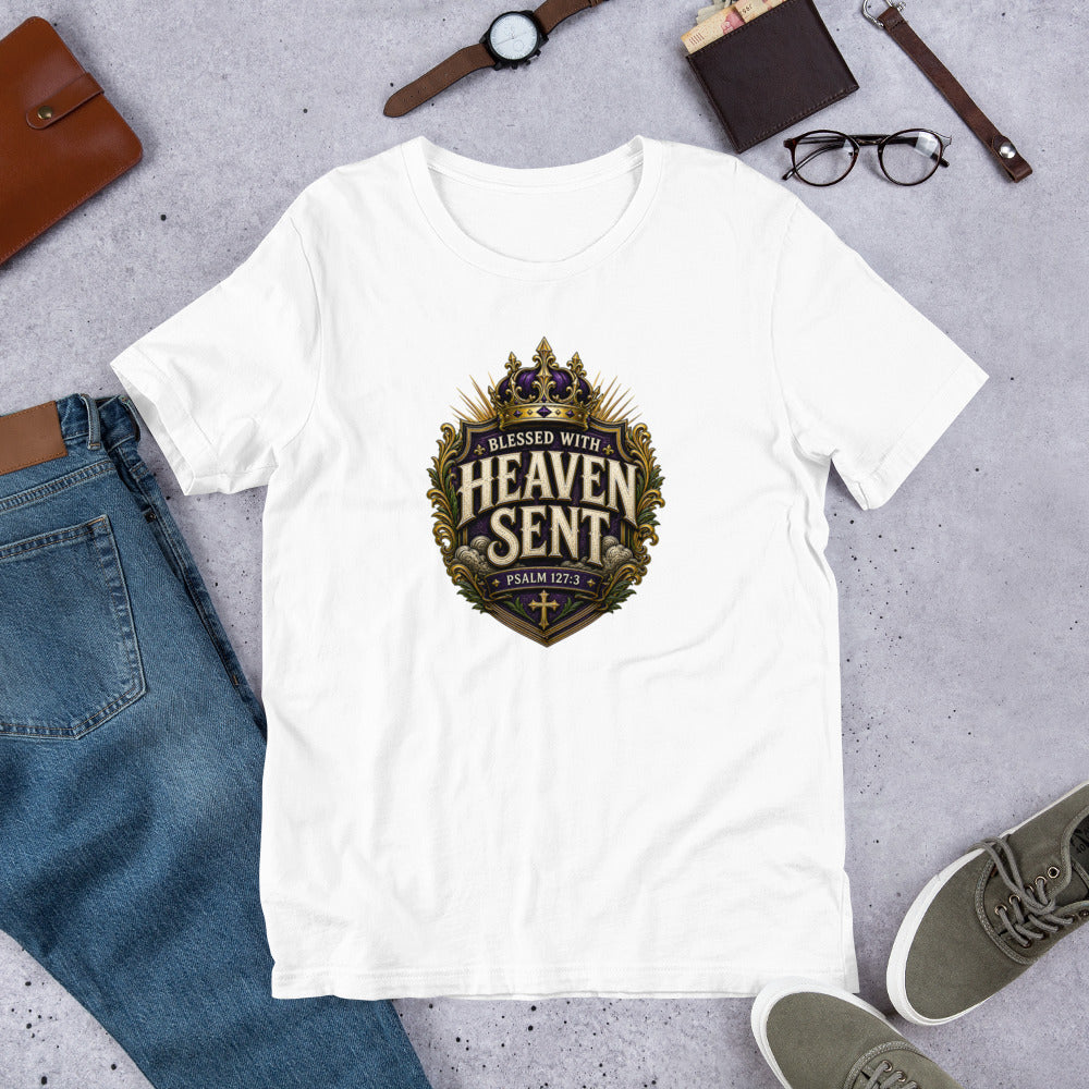 Christian family shirt design reading Blessed With Heaven Sent with Psalm 127:3, featuring a royal crown, purple and gold crest, and faith-based artwork for matching family shirts.