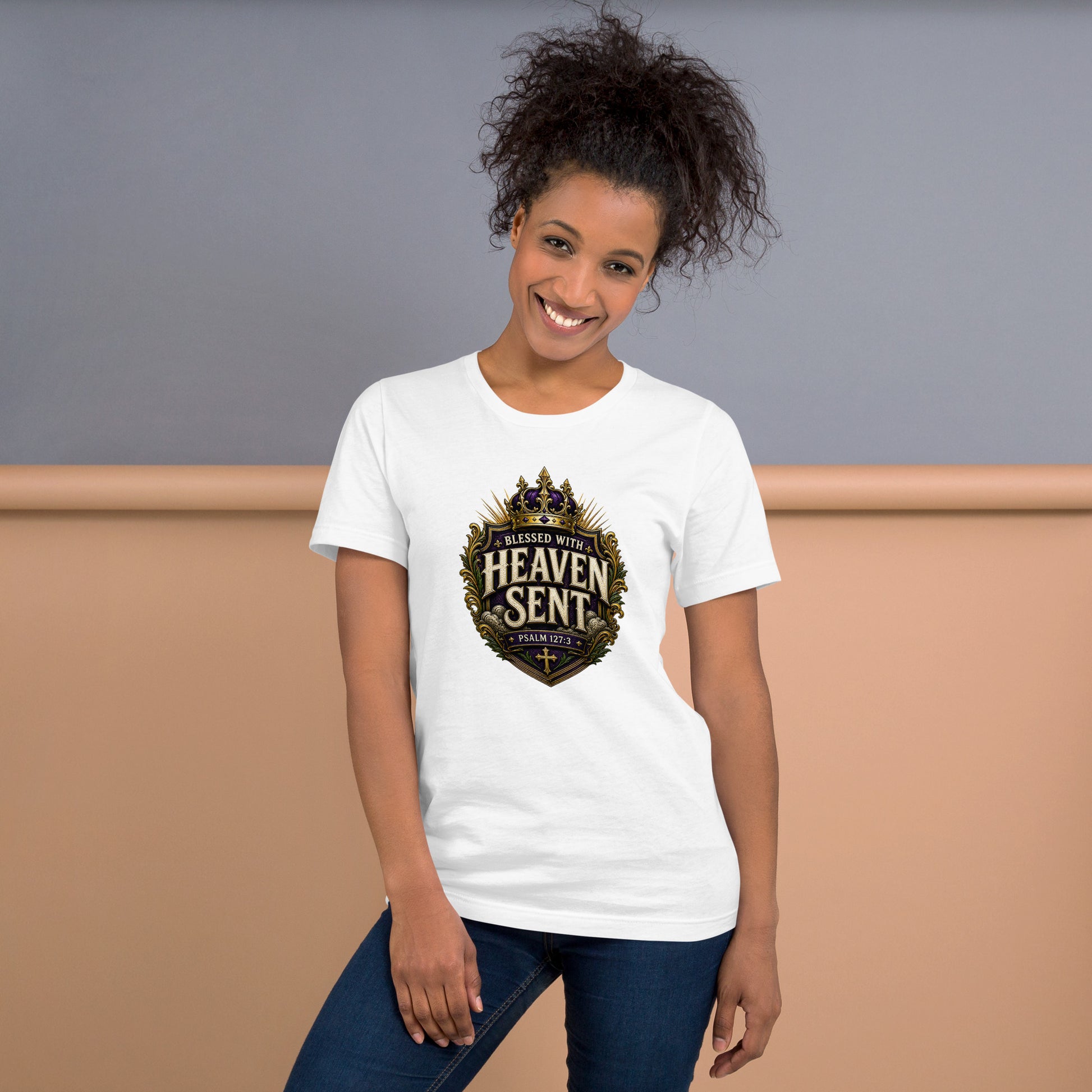 Christian family shirt design reading Blessed With Heaven Sent with Psalm 127:3, featuring a royal crown, purple and gold crest, and faith-based artwork for matching family shirts.
