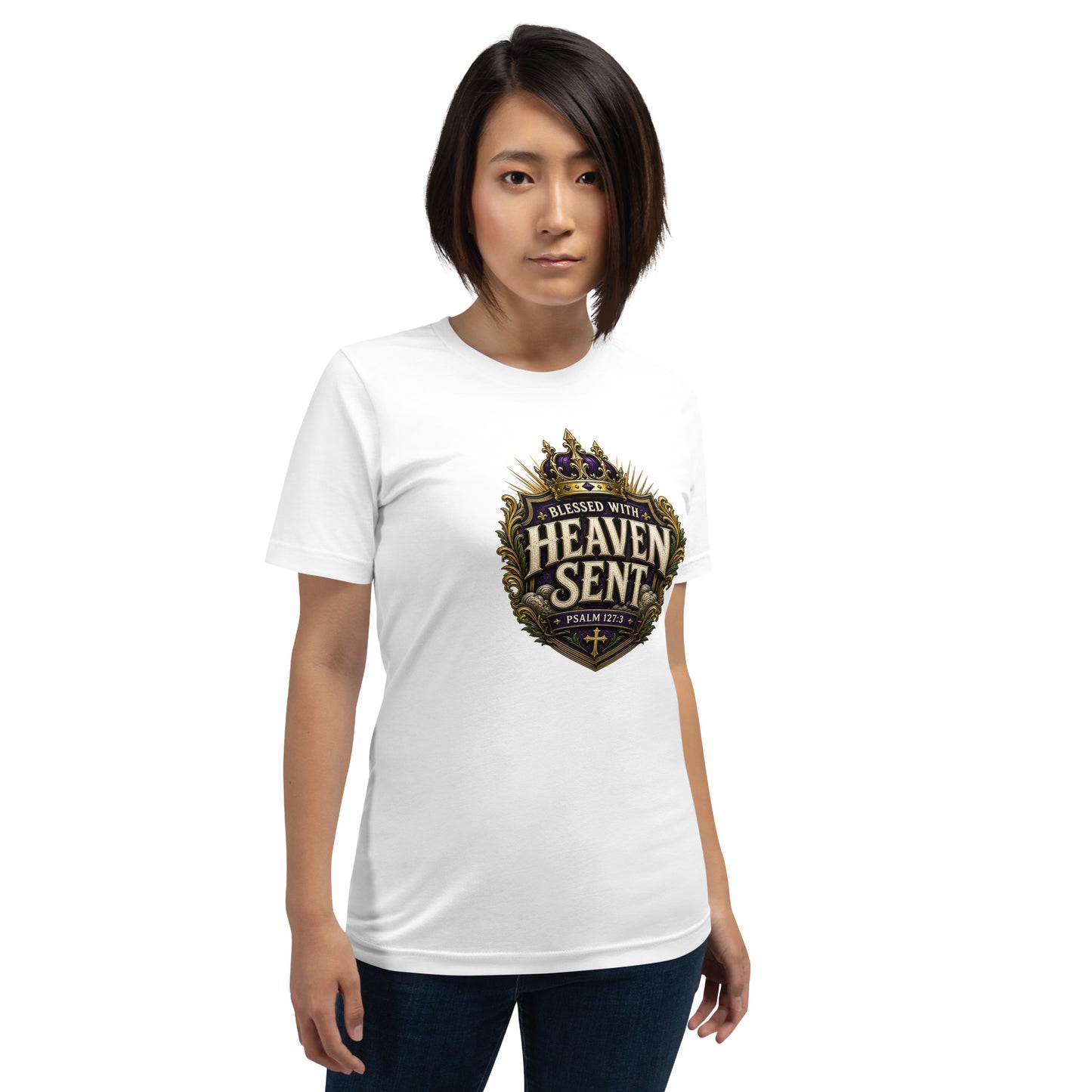 Christian family shirt design reading Blessed With Heaven Sent with Psalm 127:3, featuring a royal crown, purple and gold crest, and faith-based artwork for matching family shirts.