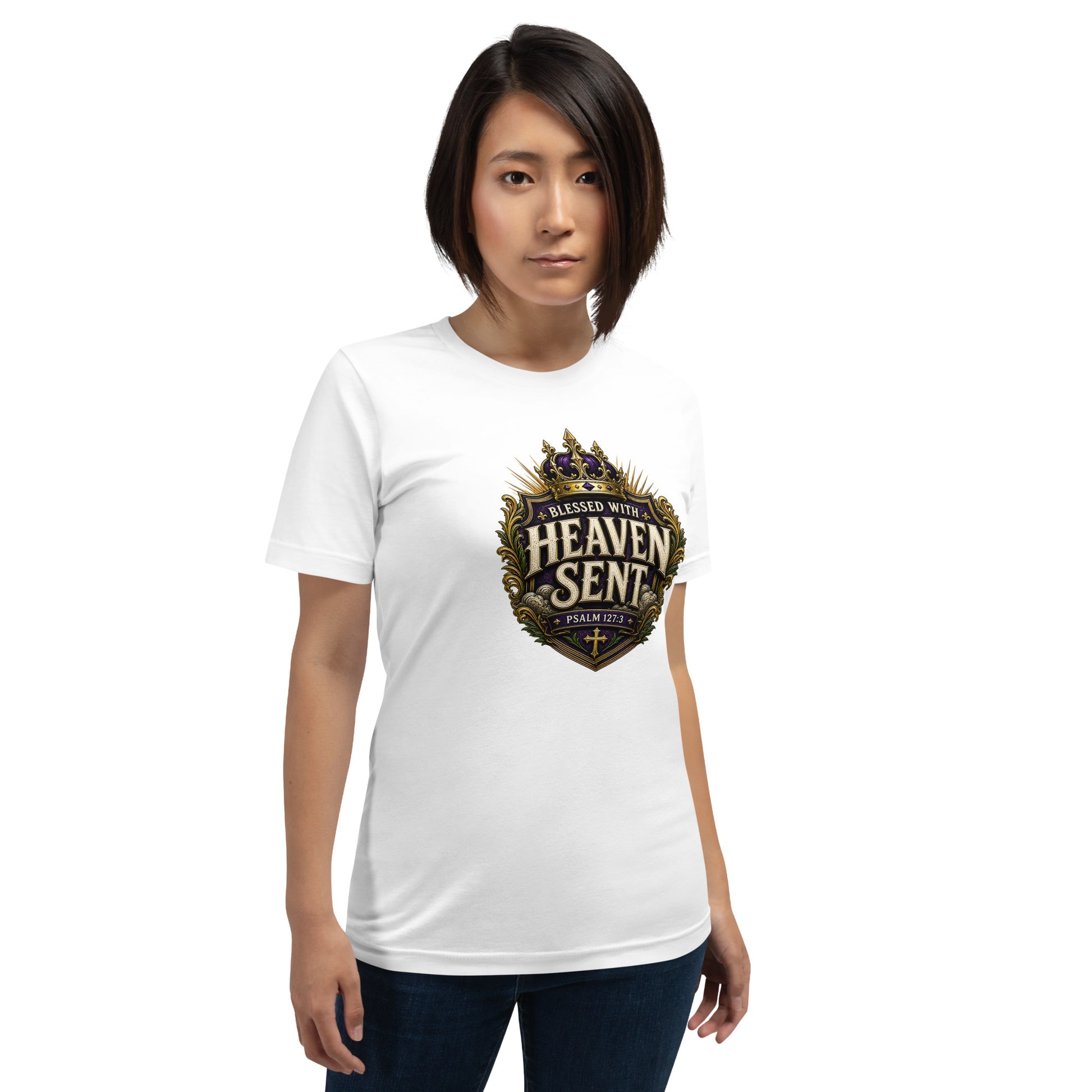 Christian family shirt design reading Blessed With Heaven Sent with Psalm 127:3, featuring a royal crown, purple and gold crest, and faith-based artwork for matching family shirts.