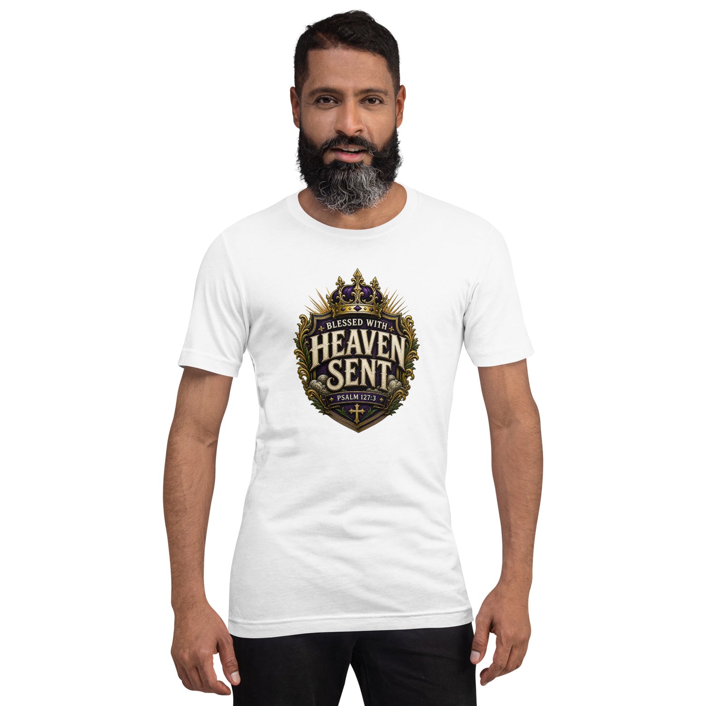 Christian family shirt design reading Blessed With Heaven Sent with Psalm 127:3, featuring a royal crown, purple and gold crest, and faith-based artwork for matching family shirts.