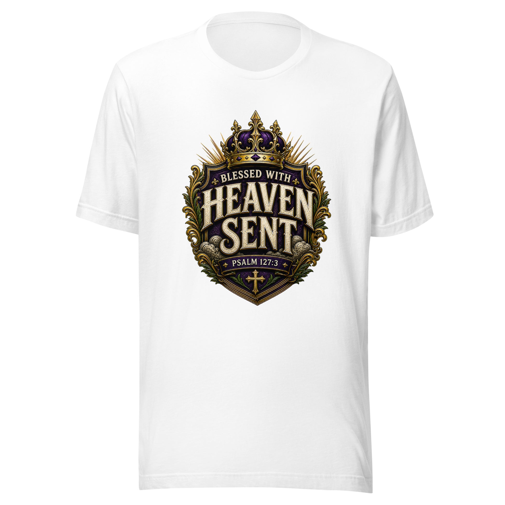 Christian family shirt design reading Blessed With Heaven Sent with Psalm 127:3, featuring a royal crown, purple and gold crest, and faith-based artwork for matching family shirts.