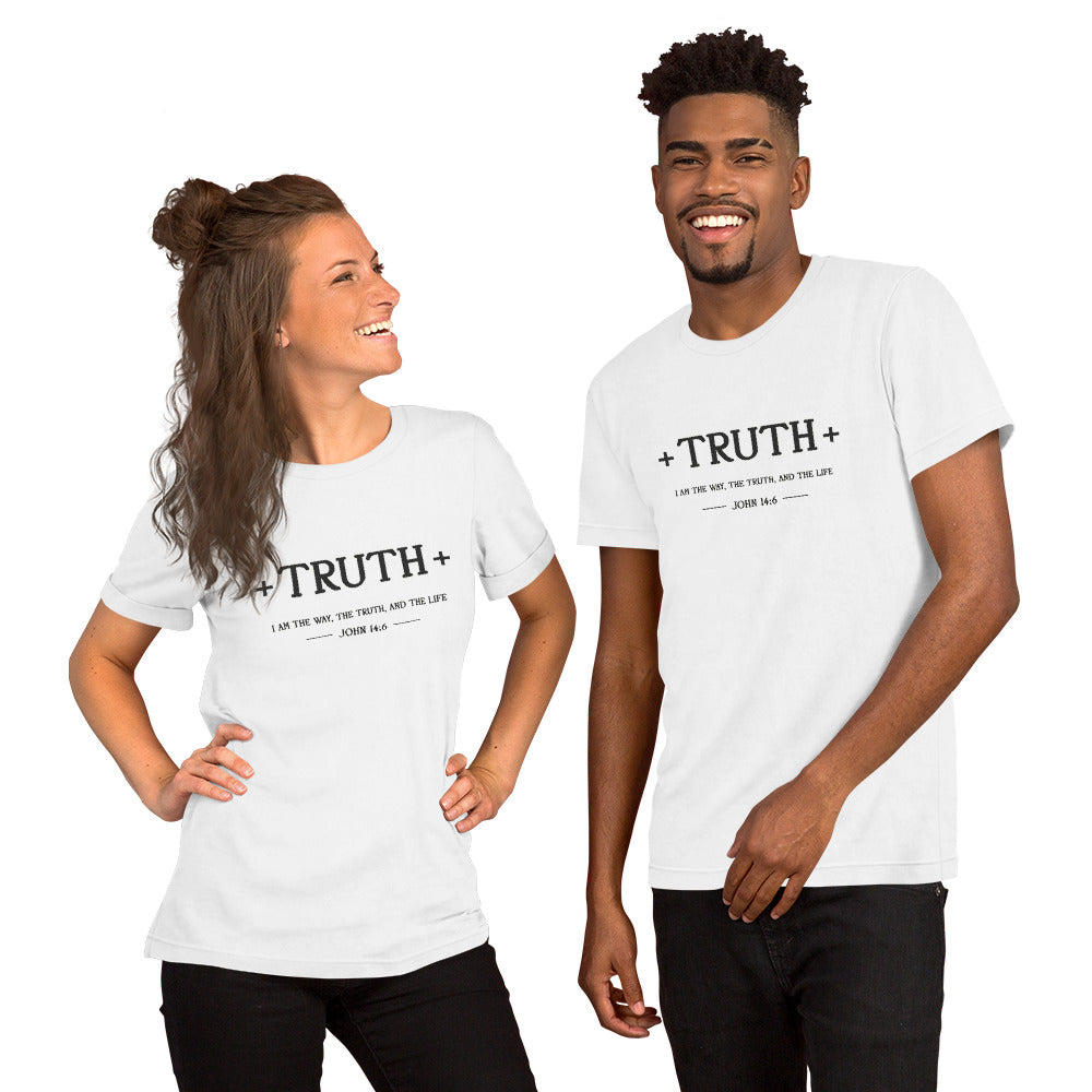 Minimalist white Bella Canvas Christian t-shirt featuring the word “Truth” in elegant black typography with subtle faith-inspired design details.