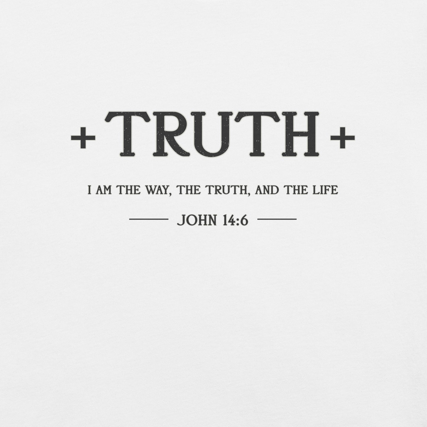 Minimalist white Bella Canvas Christian t-shirt featuring the word “Truth” in elegant black typography with subtle faith-inspired design details.