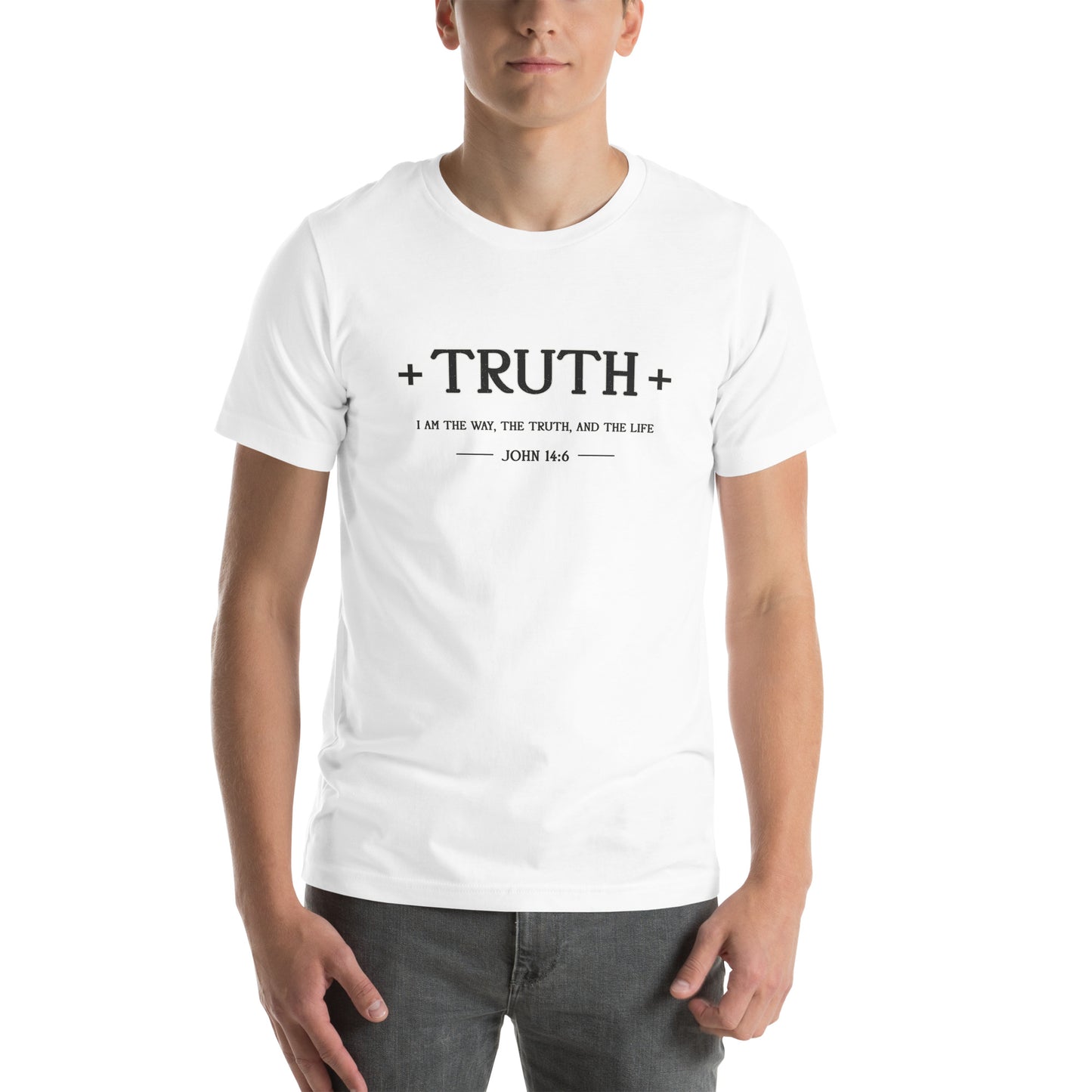 Minimalist white Bella Canvas Christian t-shirt featuring the word “Truth” in elegant black typography with subtle faith-inspired design details.