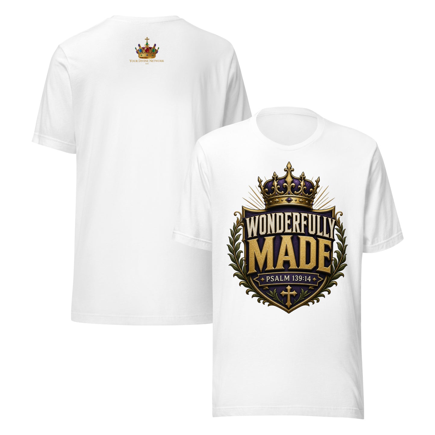 Wonderfully Made Psalm 139:14 men's Christian t-shirt in with royal crown and shield design — faith-based apparel for men of God