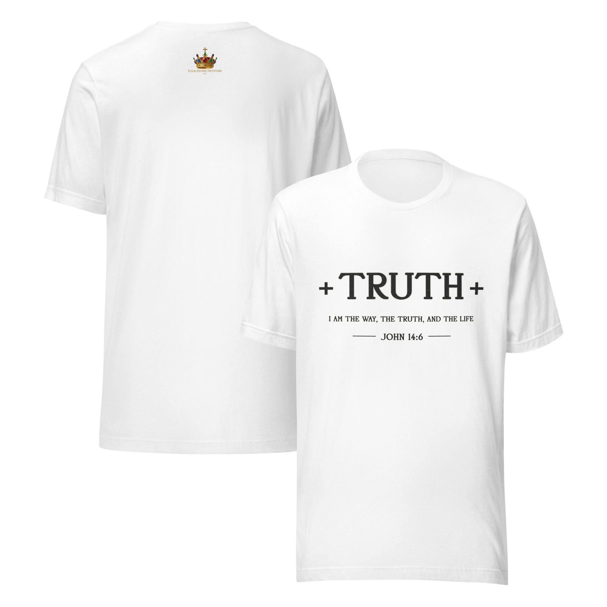 Minimalist white Bella Canvas Christian t-shirt featuring the word “Truth” in elegant black typography with subtle faith-inspired design details.