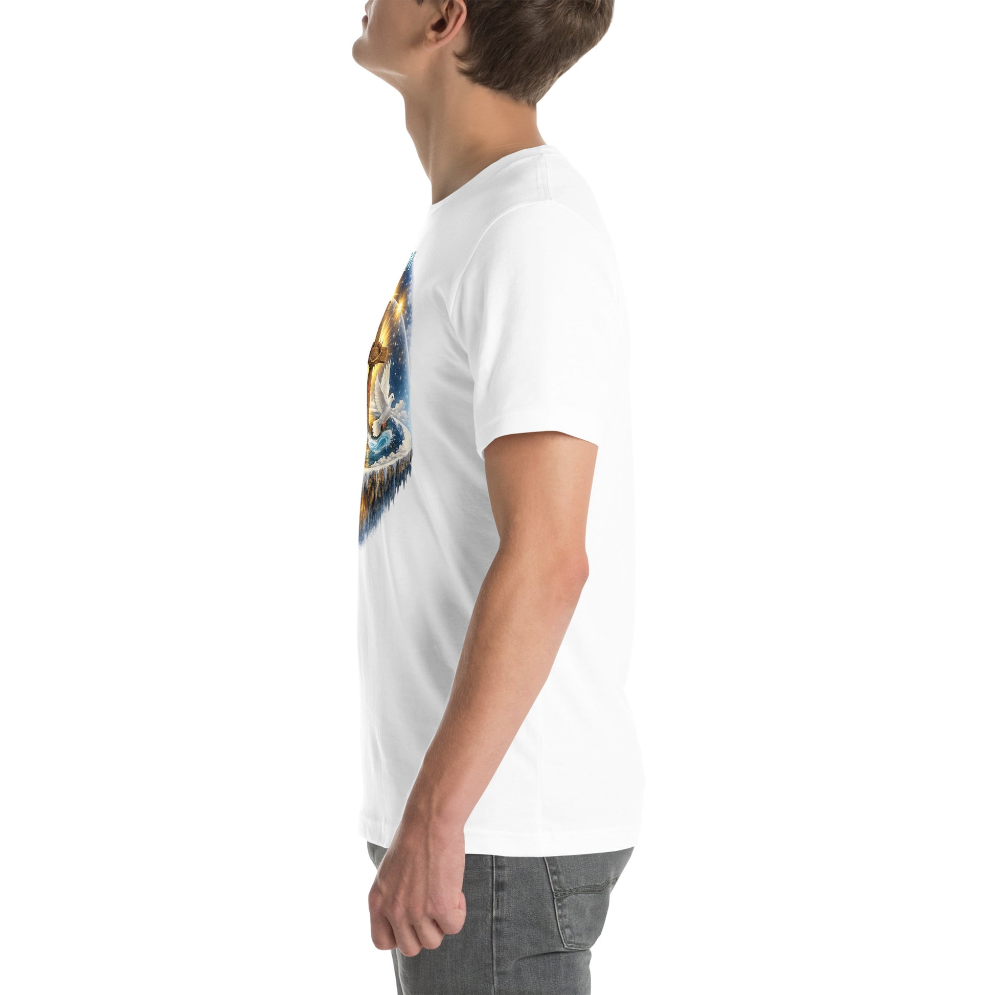 Christian T-shirt featuring I AM text, wooden cross with crown of thorns, dove, and biblical creation-inspired earth with firmament design