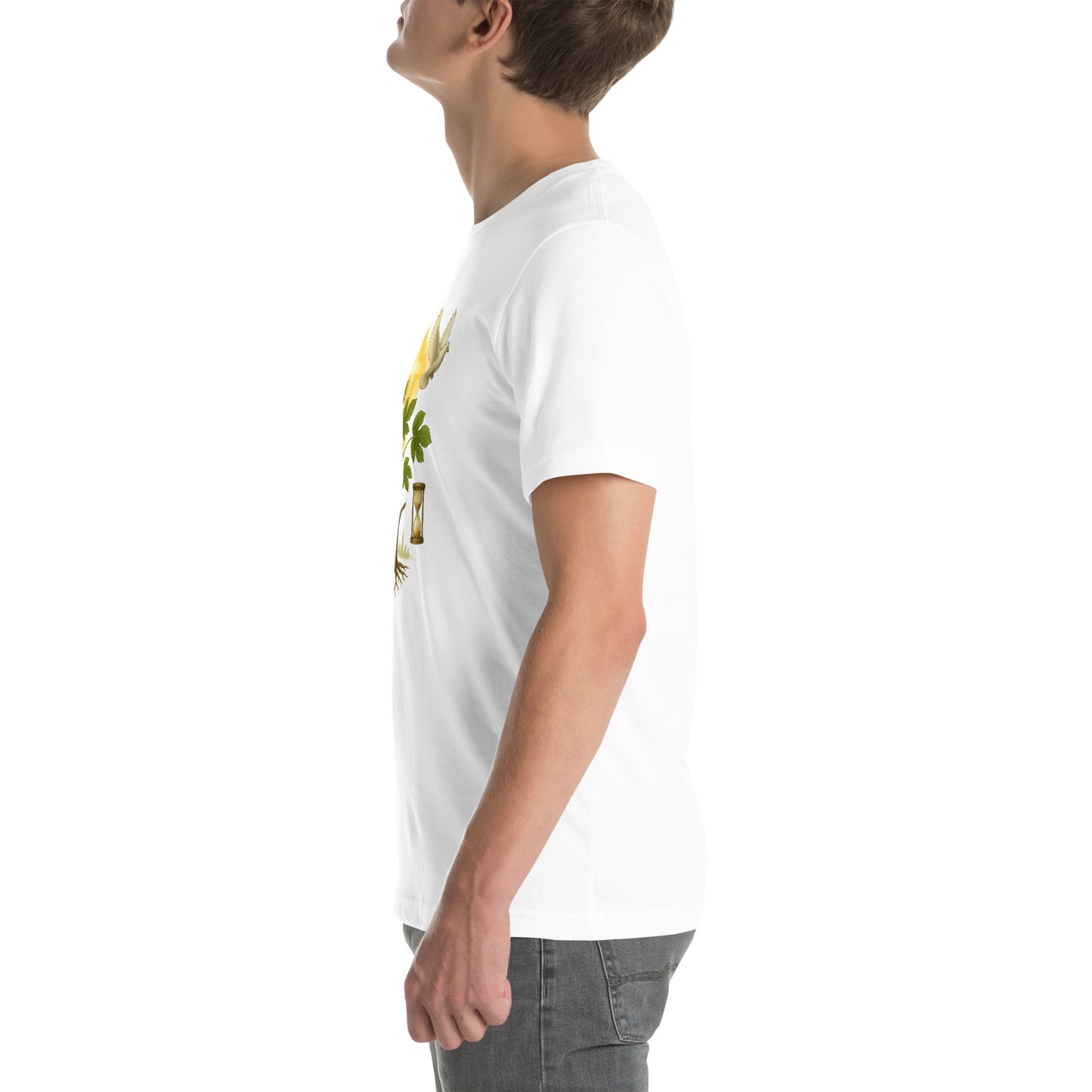 Christian t-shirt featuring a rooted tree, glowing cross, dove, and hourglass symbolizing faith, spiritual growth, and eternity in Christ.