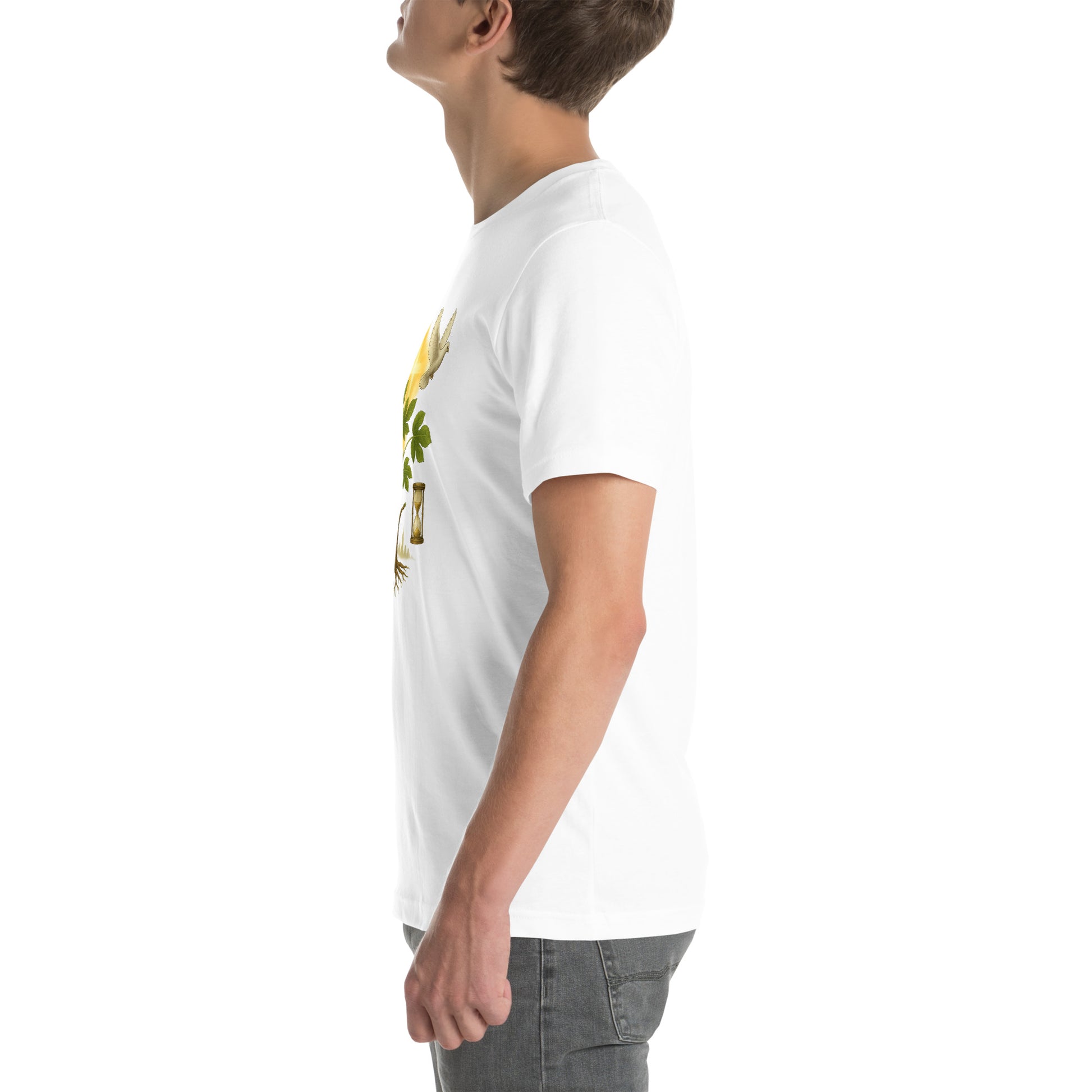 Christian t-shirt featuring a rooted tree, glowing cross, dove, and hourglass symbolizing faith, spiritual growth, and eternity in Christ.
