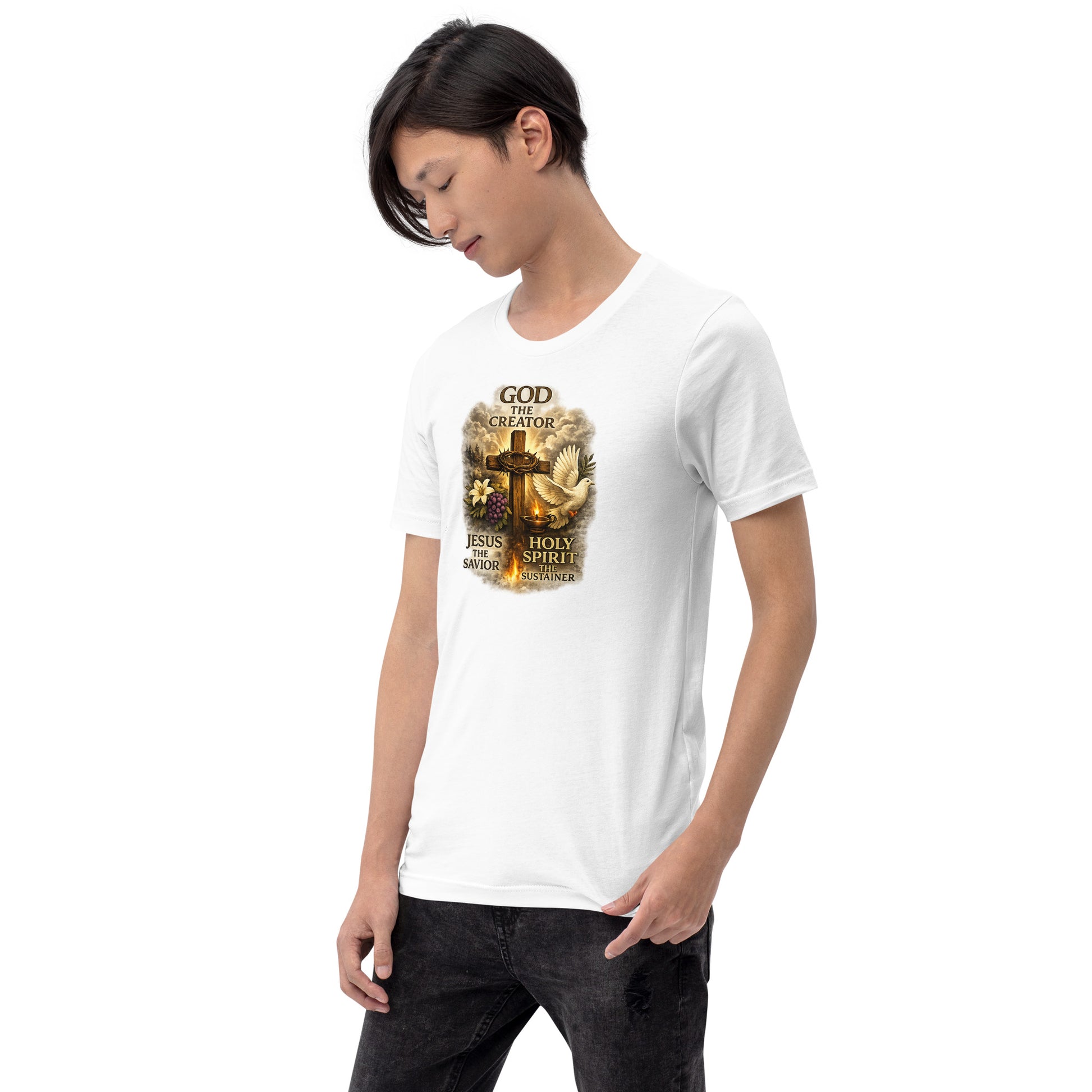 Christian white T-shirt design with the words God the Creator Jesus the Savior Holy Spirit the Sustainer featuring a wooden cross, dove, flame, grapes, and lily
