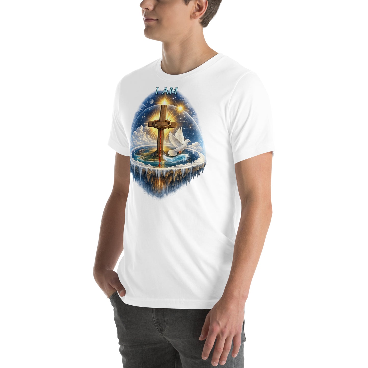 Christian T-shirt featuring I AM text, wooden cross with crown of thorns, dove, and biblical creation-inspired earth with firmament design