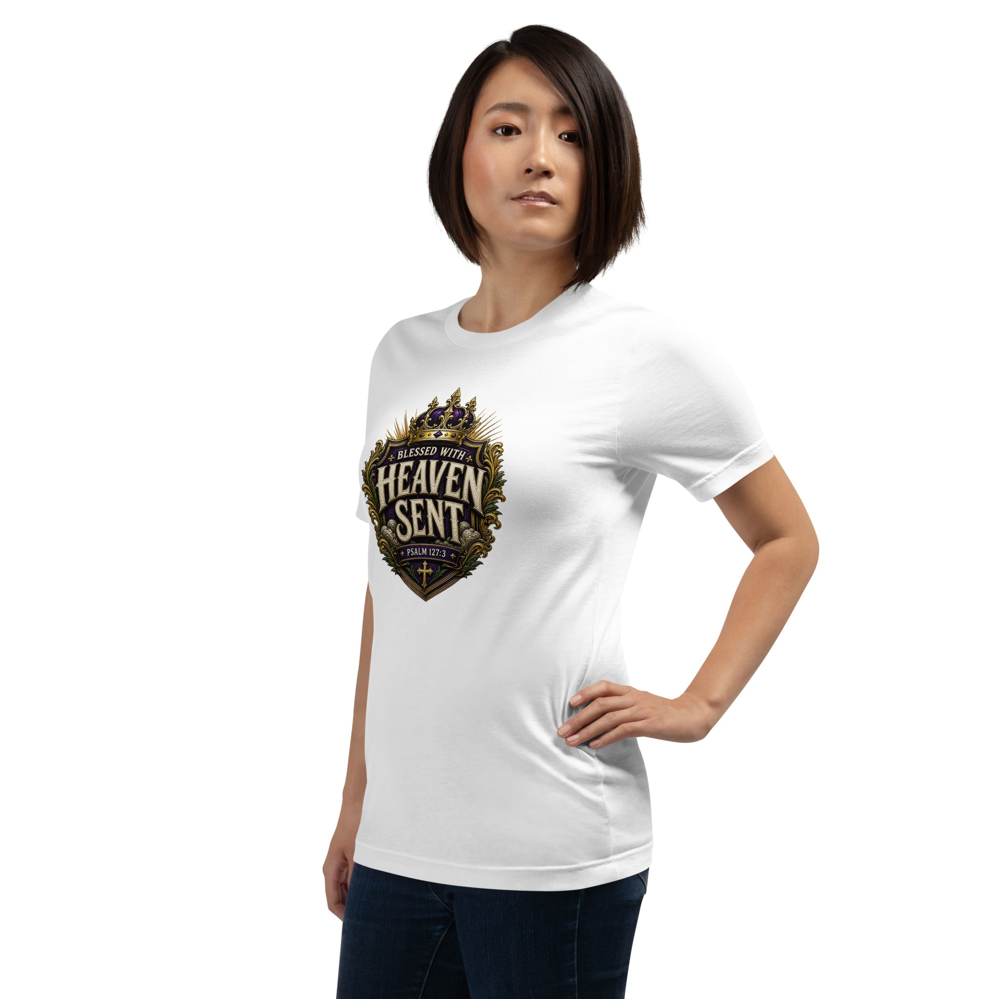 Christian family shirt design reading Blessed With Heaven Sent with Psalm 127:3, featuring a royal crown, purple and gold crest, and faith-based artwork for matching family shirts.