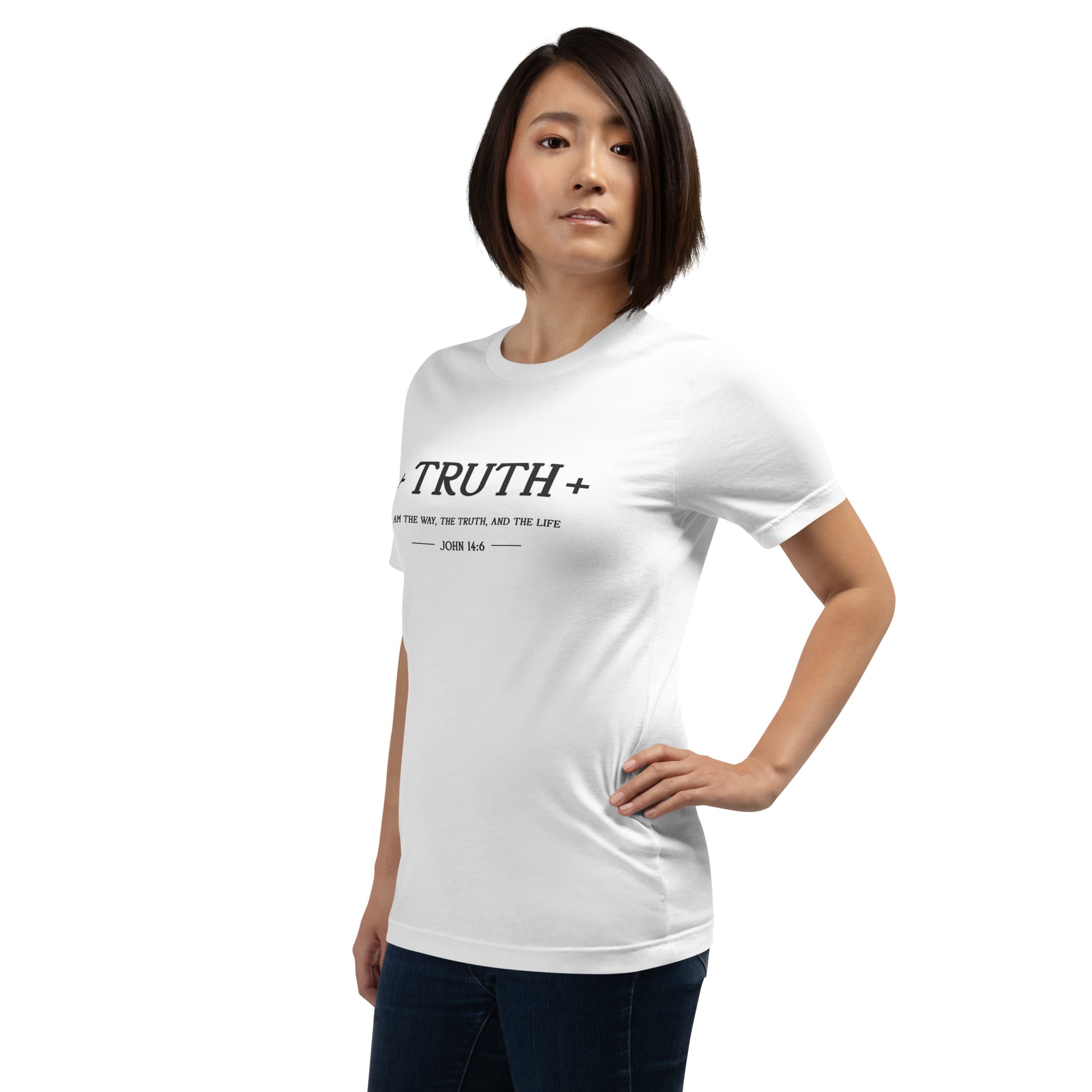 Minimalist white Bella Canvas Christian t-shirt featuring the word “Truth” in elegant black typography with subtle faith-inspired design details.
